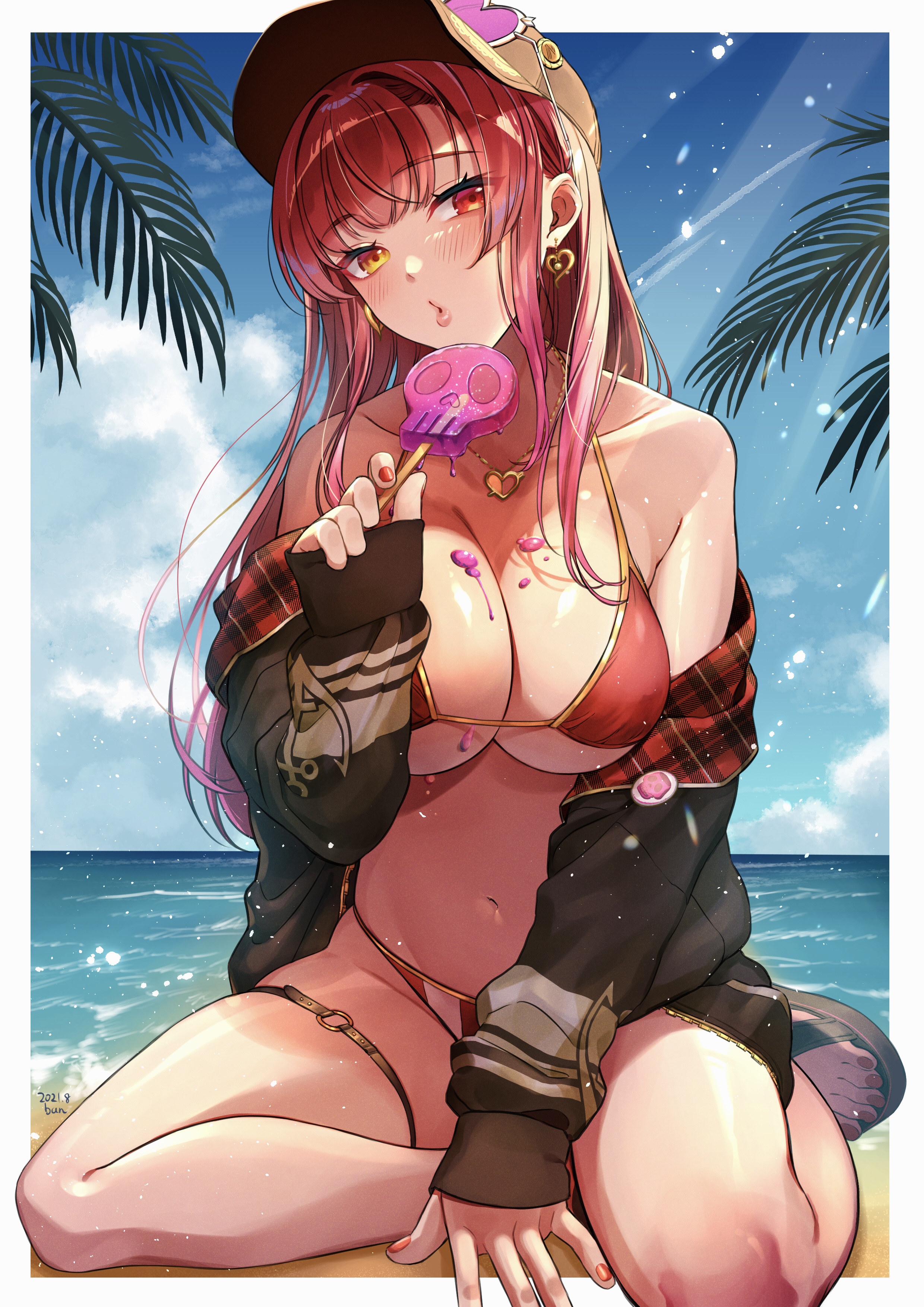 absurdres, bangs, beach, bikini, black headwear, black jacket, blush, border, breasts, bunretsu6, cleavage, commentary, earrings, eyewear on head, eyewear on headwear, female, food, full body, hair down, hat, heart, heart earrings, heart necklace, heart-shaped eyewear, heterochromia, highres, holding, holding food, hololive, hololive fantasy, hololive japan, houshou marine, jacket, jewelry, large breasts, lips, long hair, looking at viewer, nail polish, navel, necklace, ocean, off shoulder, official alternate costume, official alternate hairstyle, on ground, outdoors, pink nails, red eyes, red hair, sand, sandals, sitting, skull, solo, straight hair, suggestive fluid, sunglasses, sunglasses on head, swimsuit, thigh strap, virtual youtuber, water, white border, yellow eyes