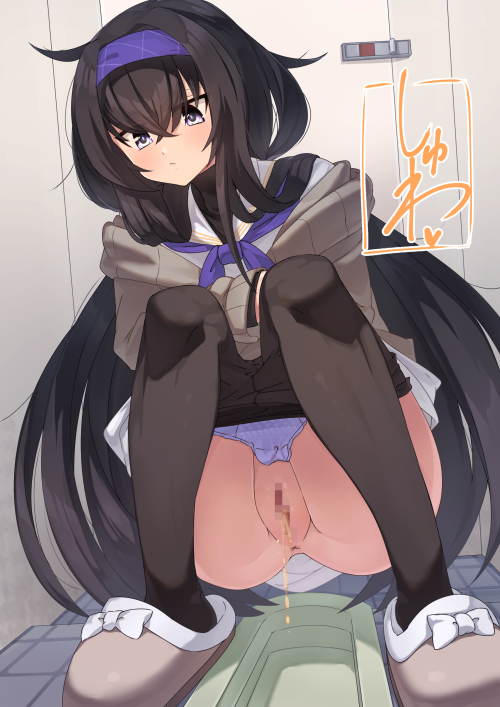 :< anus bangs black_hair black_pantyhose blue_archive blush bow brown_footwear censored closed_mouth clothes_pull commentary_request crossed_bangs door dress female footwear_bow full_body grey_sweater hair_between_eyes hairband heart indoors long_hair long_sleeves looking_down minamimachi_naname mosaic_censoring neckerchief off_shoulder panties panty_pull pantyhose pantyhose_pull peeing purple_eyes purple_hairband purple_neckerchief purple_panties pussy sailor_collar school_uniform serafuku sidelocks slippers solo squat_toilet squatting sweater tile_floor tiles toilet_stall toilet_use translation_request trinity_general_school_student ui_(blue_archive) underwear urine very_long_hair white_bow white_dress white_sailor_collar