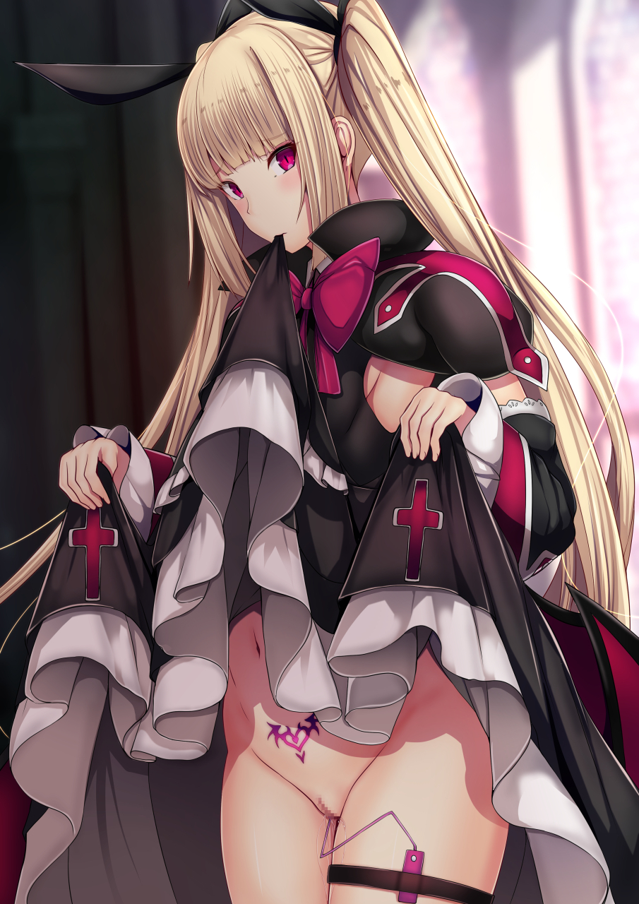 bangs black_bow black_ribbon blazblue blonde_hair blunt_bangs blush bottomless bow bowtie breasts censored commentary_request daiaru detached_sleeves dress eyes_visible_through_hair female frilled_dress frilled_sleeves frills gothic_lolita hairbow highres large_bow lifted_by_self lolita_fashion long_hair mosaic_censoring navel pussy rachel_alucard red_bow red_eyes ribbon small_breasts smile solo twintails very_long_hair vibrator vibrator_in_thigh_strap wide_sleeves