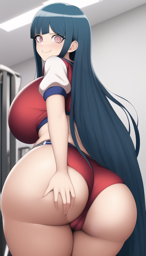 ai_generated big_butt blue_eyes bubble_butt buruma butt butt_grab cameltoe danganronpa danganronpa:_trigger_happy_havoc grabbing_own_butt gym gym_shorts gym_uniform huge_breasts huge_butt large_breasts long_hair looking_at_viewer looking_back maizono_sayaka midriff n.c.b_ai nai_diffusion pink_eyes smile smirk stable_diffusion