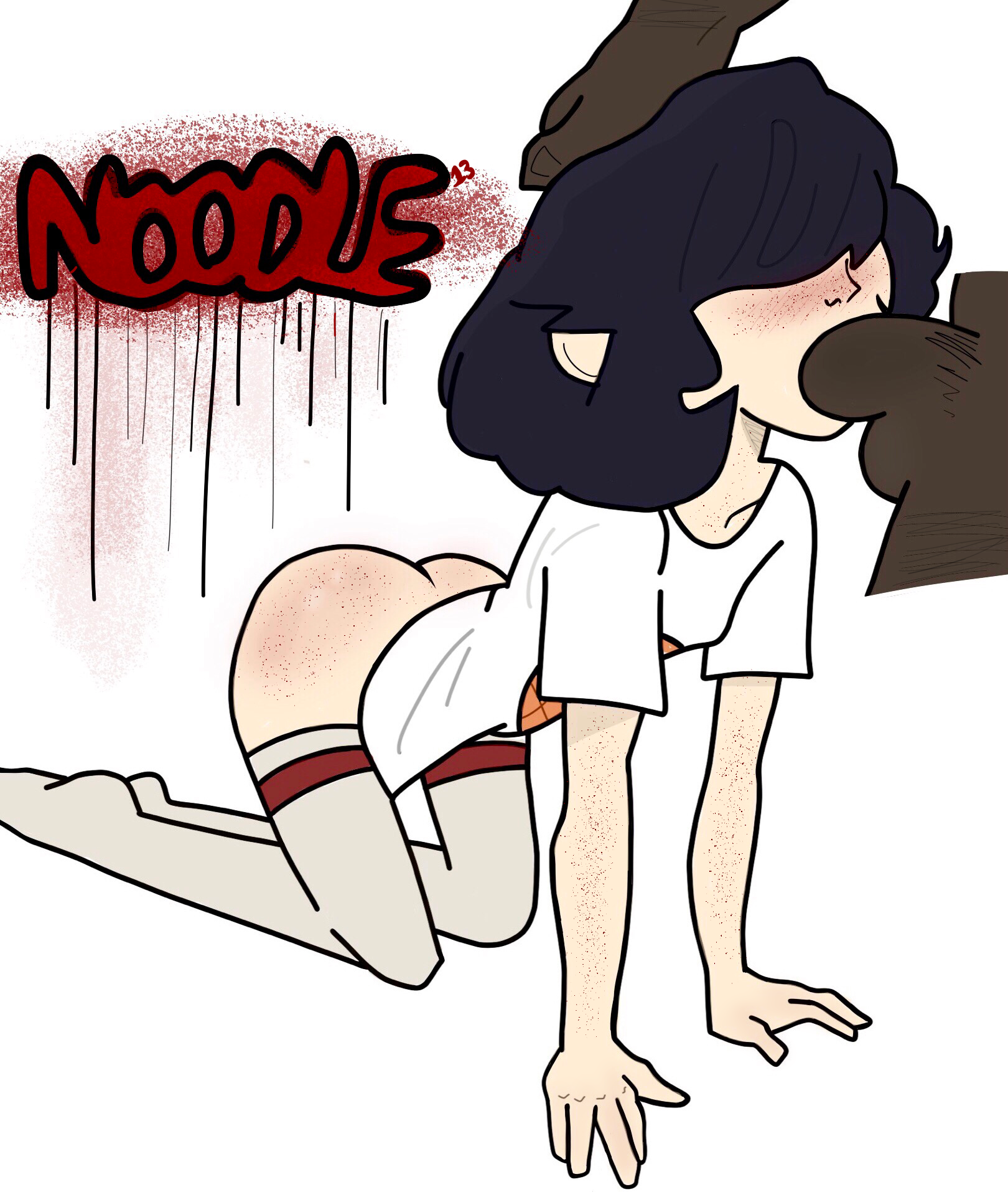 1boy, 1girls, age difference, ass, blowjob, blue hair, blush, bob cut, breasts, bubble ass, bubble butt, clothing, dark skin, dark-skinned male, feet, female, freckles, gorillaz, gym uniform, hair over one eye, interracial, male, noodle (gorillaz), oral, round ass, shellzzz, size difference, skinny, small breasts, smaller female, sucking, thighhighs, thighs, unseen male face, young, younger female