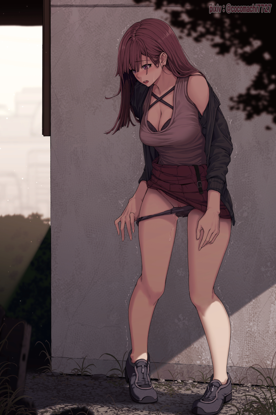 artist_name bangs black_bra black_footwear blurry blurry_foreground blush bra breasts bush cleavage clitoral_hood clothes_lift commentary_request day embarrassed female full_body grass grey_shirt groin have_to_pee highres kokomachi large_breasts legs long_hair looking_down miniskirt nose_blush open_mouth original outdoors panties panty_pull panty_pulled_by_self peeing peeing_self pigeon-toed pixiv_username pulled_by_self pussy raised_eyebrows red_eyes red_hair red_skirt shiny shiny_hair shirt shoes sidelocks single_bare_shoulder skirt skirt_lift sleeveless sleeveless_shirt solo standing sweat teeth thighs trembling underwear urine watermark wet wet_clothes wet_panties zipper_pull_tab
