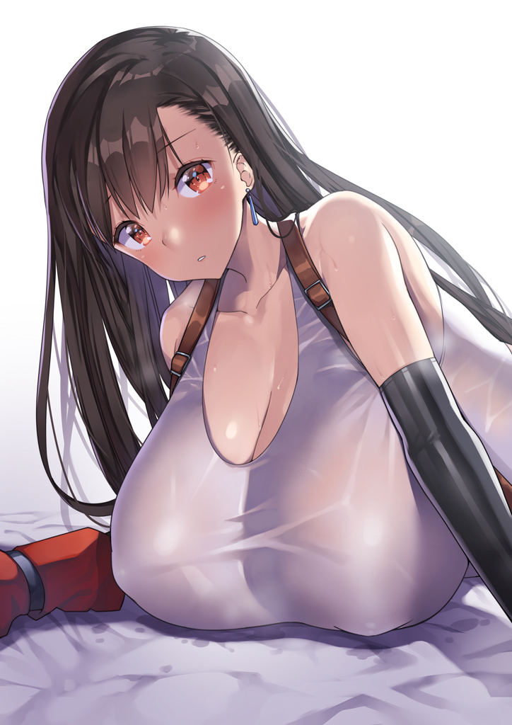 1girls bed black_gloves black_hair breasts earrings final_fantasy final_fantasy_vii huge_breasts laying_on_bed looking_at_viewer nagase_haruhito nipple_bulge red_eyes simple_background solo solo_focus square_enix tifa_lockhart wet_clothes wet_shirt white_shirt white_skin