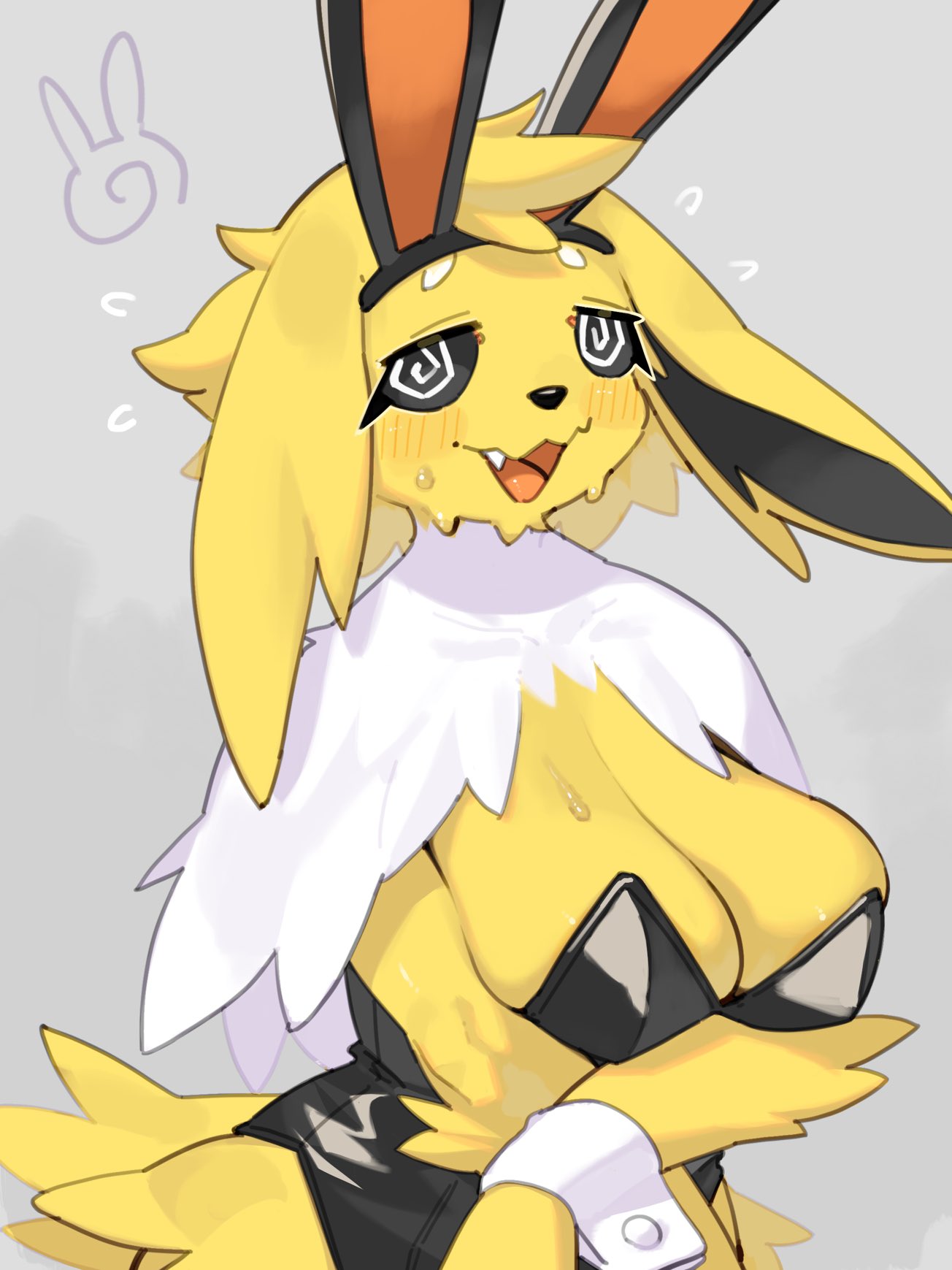 1girls, arms under breasts, black eyes, blush, breasts, bunny ears, bunny ears (cosmetic), bunnysuit, cleavage, cute fang, eeveelution, female, female only, fur, furry, hi res, jolteon, kame 3, leotard, looking at viewer, mammal, narrowed eyes, nervous, nervous smile, nintendo, oerba yun fang, open mouth, pokémon (species), pokemon, pokemon (species), pokemorph, smiling at viewer, solo, spiral eyes, sweatdrop, upper body, wrist cuffs, yellow fur