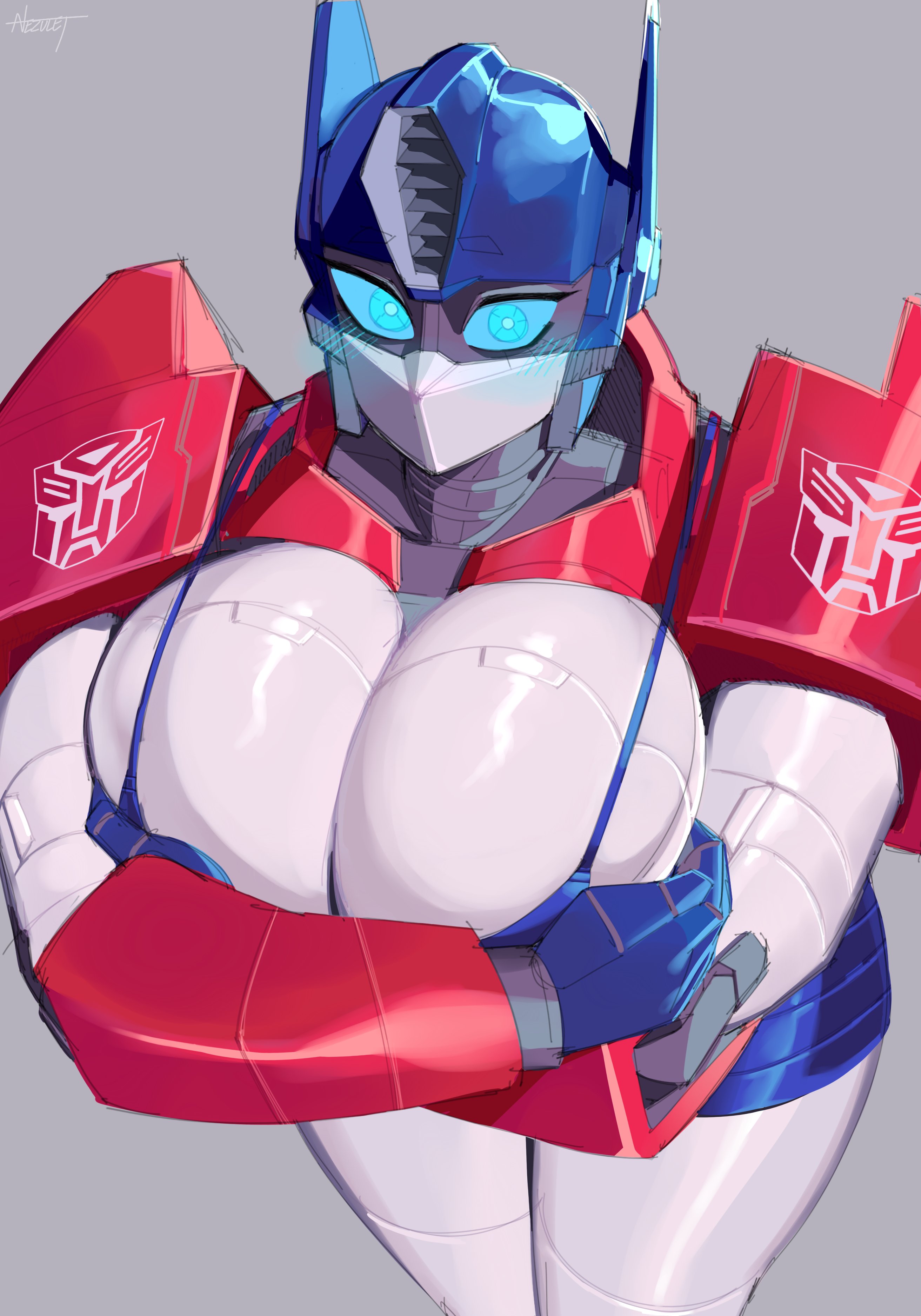 1girls, big breasts, blue eyes, breasts, cleavage, clothed, clothing, embarrassed, female, female only, grey background, large breasts, looking at viewer, machine, nezulet, optimus prime, robot, robot girl, rule 63, simple background, solo, solo female, transformers