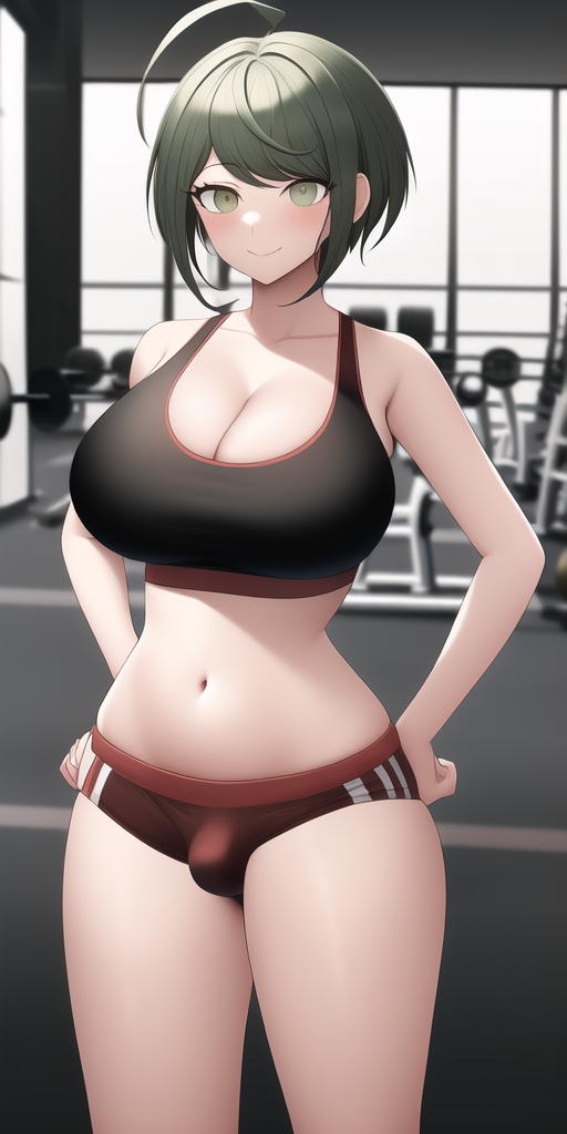 1futa ahoge ai_generated ball_bulge balls balls_under_clothes big_breasts black_hair bob_cut breasts bulge buruma buruma_bulge clothed clothing danganronpa danganronpa_ultra_despair_girls flaccid fully_clothed futa_only futanari gym gym_shorts gym_uniform hands_on_hips hourglass_figure huge_breasts human large_breasts light-skinned_futanari light_skin midriff n.c.b_ai naegi_komaru nai_diffusion penis penis_bulge penis_in_buruma penis_under_clothes short_hair solo stable_diffusion standing thighs