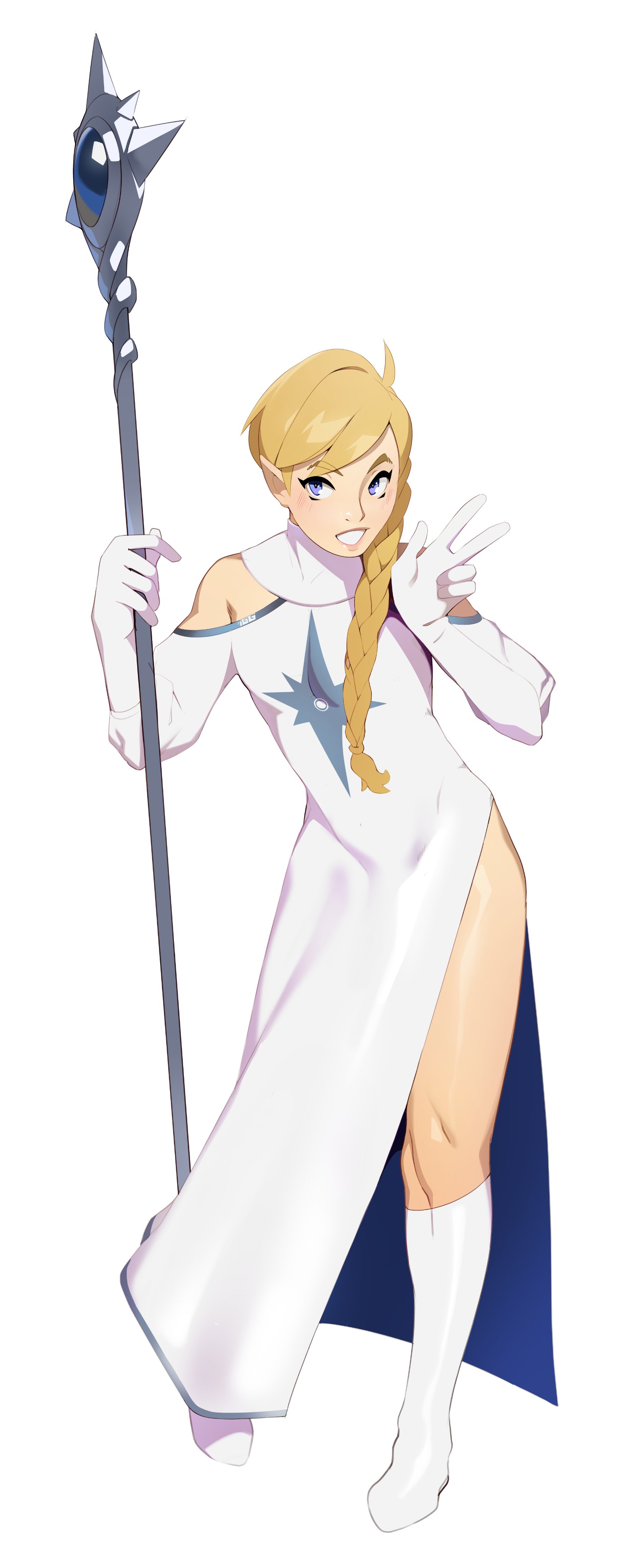 1boy, absurd res, arm gloves, blonde hair, blue eyes, boots, braid, brynn the cleric, cleric, combos-n-doodles, commission, crossdressing, dress, dungeons and dragons, elf, femboy, girly, half elf, healer, holding, holding staff, long hair, looking at viewer, magic staff, male, male only, original, original character, pointy ears, smiling, smiling at viewer, solo, staff, teeth showing, trap, v sign, white background, world of warcraft