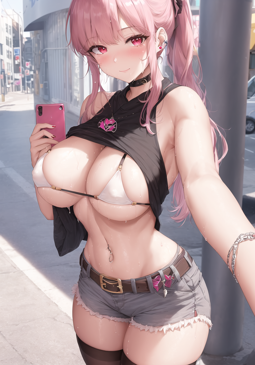 1girls, ai generated, belly, big breasts, bikini, bikini top, blush, breasts, cleavage, denim shorts, female, hololive, hololive english, hololive myth, large breasts, legwear, looking at viewer, mori calliope, nai diffusion, navel, outdoors, outside, pink hair, ponytail, shirt lift, shorts, smartphone, solo, stable diffusion, standing, stockings, street, sweat, sweatdrop, thighhighs, virtual youtuber, white bikini, white bikini tope