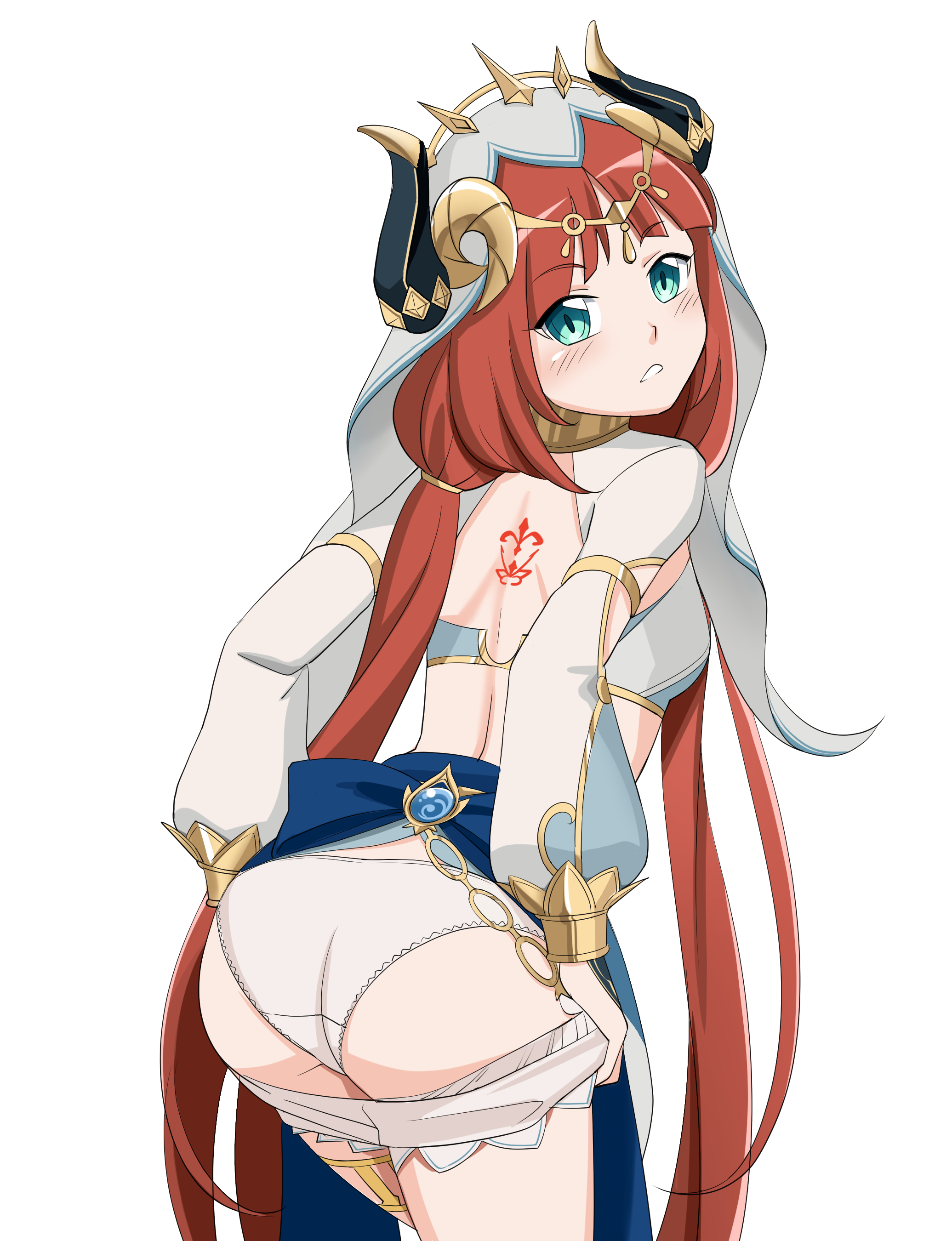 ai generated, aqua eyes, arabian clothes, ass, ass focus, back tattoo, bare shoulders, blush, breasts, embarrassed, female, from behind, genshin impact, horns, leaning, leaning forward, long hair, looking at viewer, looking back, low twintails, medium breasts, nilou (genshin impact), panties, parted lips, red hair, shiny, shiny hair, shiny skin, short shorts, shorts, shorts pull, sideboob, solo, tattoo, twintails, veil, very long hair