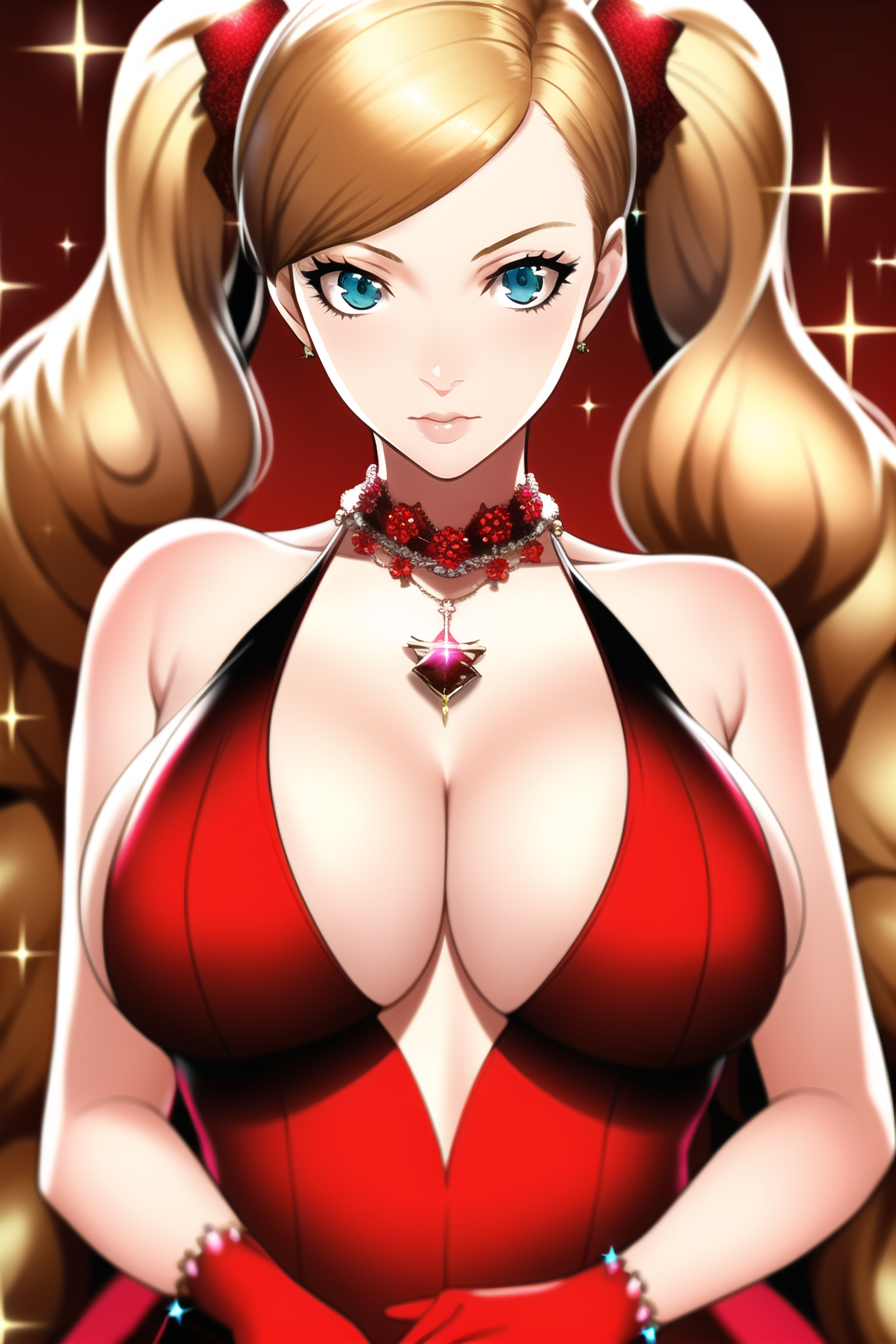 1girls, ai generated, ann takamaki, atlus, blonde hair, blue eyes, breasts, earrings, female, female only, gloves, looking at viewer, nai diffusion, necklace, persona, persona 5, solo, stable diffusion, tagme, twintails