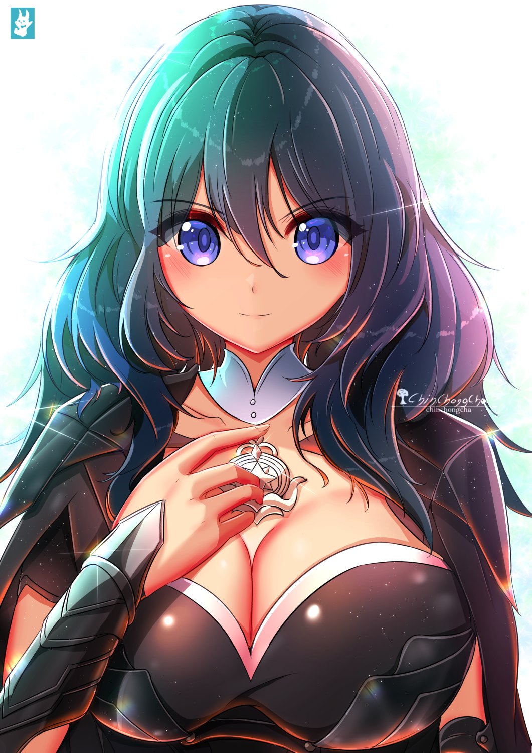 big_breasts blue_eyes blush breasts byleth_(fire_emblem) byleth_(fire_emblem)_(female) chinchongcha cleavage female female_only fire_emblem fire_emblem:_three_houses looking_at_viewer multicolored_hair nintendo solo