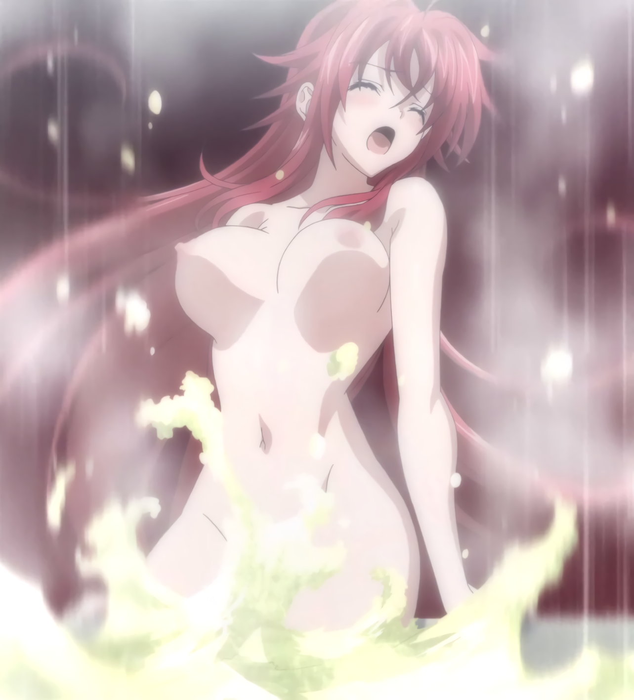 1girls, belly, big breasts, blush, breasts, completely nude, demon, demon girl, female, female only, high school dxd, hips, light skin, light-skinned female, long hair, naked, naked female, nipples, nude, open mouth, red hair, rias gremory, screencap, screenshot, solo, stitched, thick thighs, tnk (company), voluptuous