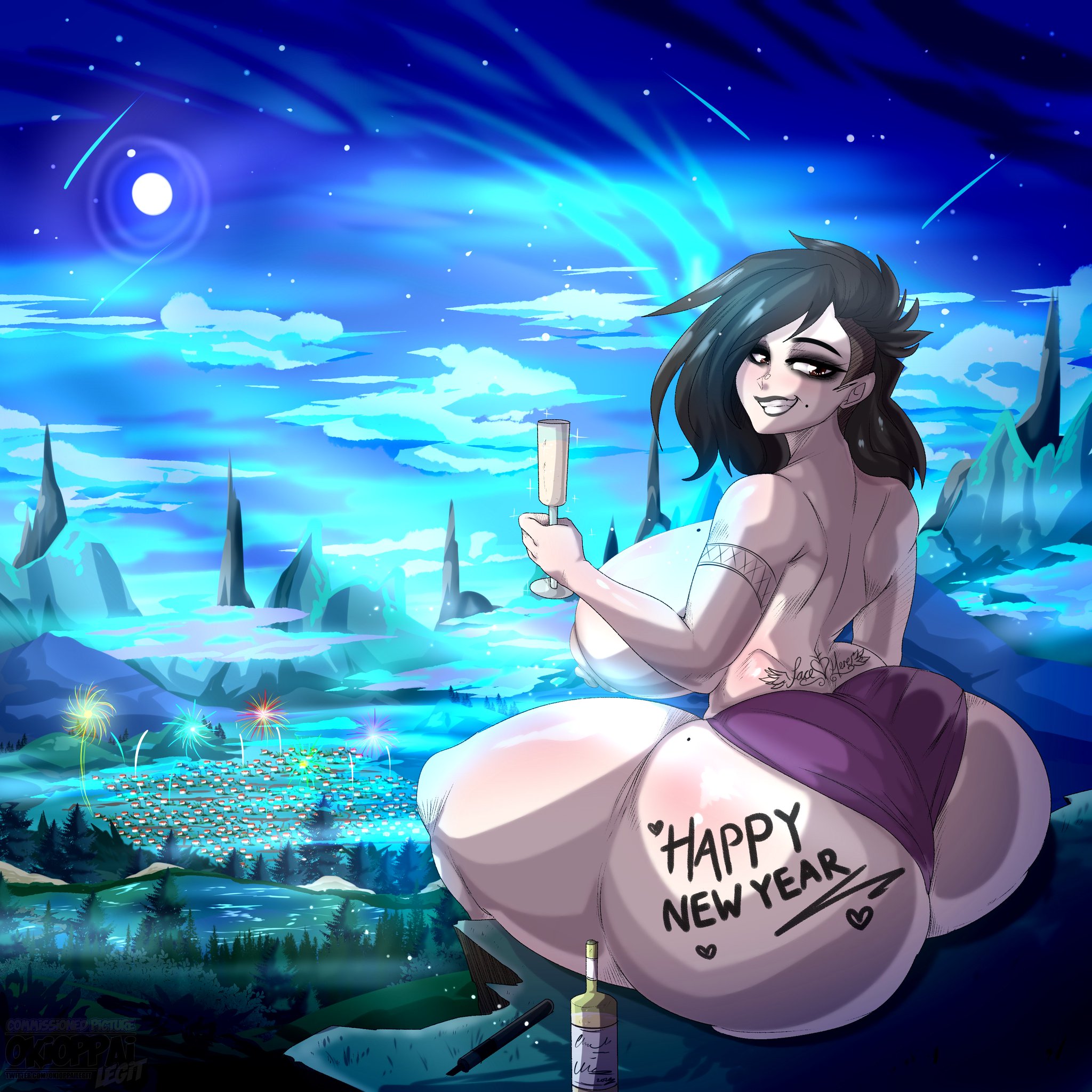 1girls, 2023, alcohol, areolae, ass, beauty mark, big ass, black hair, black lipstick, body writing, breasts, brown eyes, clothing, detailed background, eyeliner, eyeshadow, female, female only, fireworks, full moon, goth, happy new year, huge ass, huge breasts, large breasts, lipstick, looking back, medium hair, moon, moonlight, mostly nude, new year, night, nipples, no bra, okioppai, original, original character, pandora (okioppai), panties, partially clothed, purple panties, shooting star, sideboob, smile, solo, solo female, tattoo, topless, writing, writing on ass