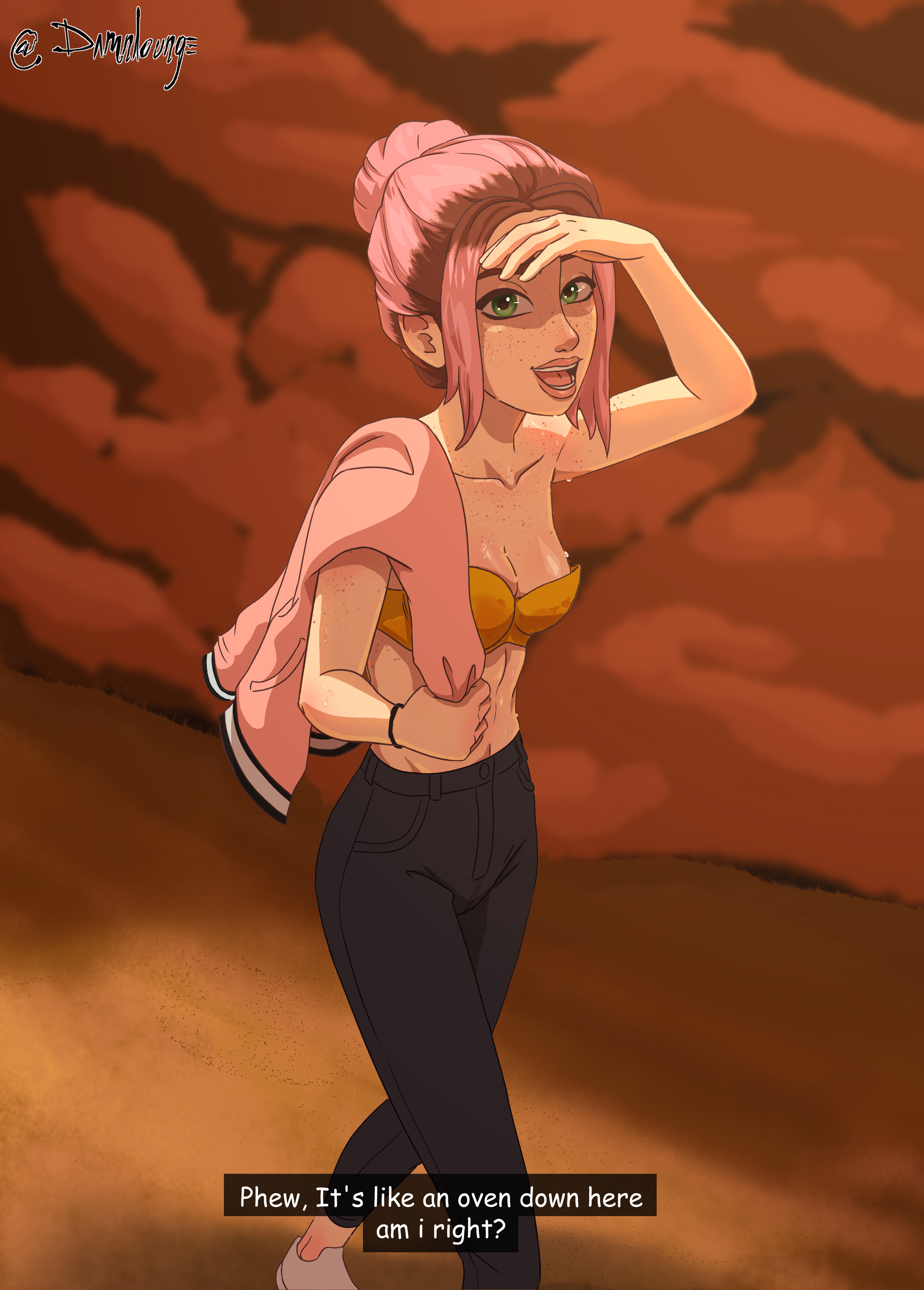1girls, 2d, bra, breasts, brooklynn (jurassic world), clothed, damnlounge, dialogue, dyed hair, english text, female, female only, freckles, green eyes, human, human female, human only, jurassic park (franchise), jurassic world, jurassic world camp cretaceous, looking at viewer, open mouth, pink hair, pov, small breasts, solo, solo female, strapless, sweat, text, walking, yellow bra