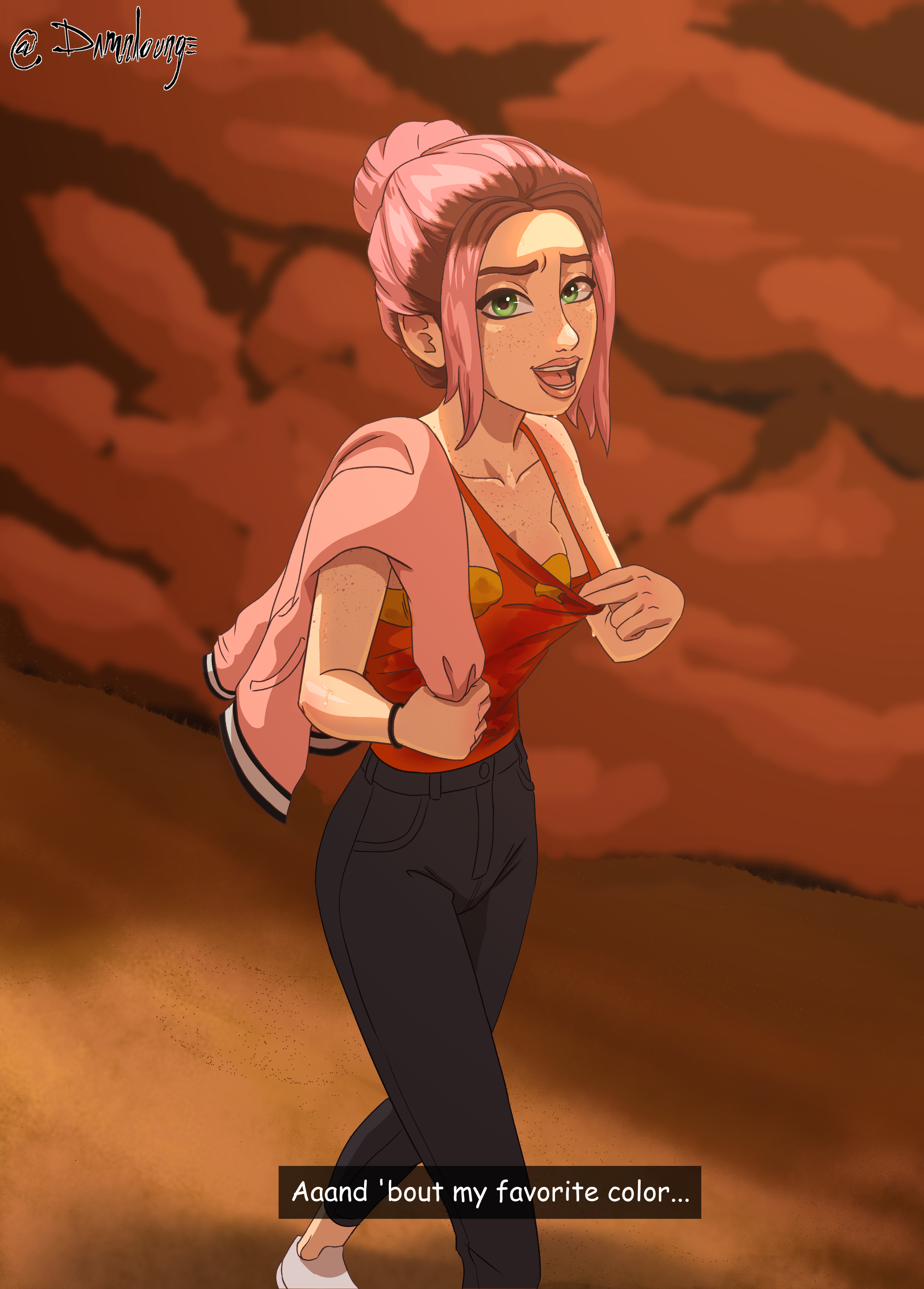 1girls, 2d, breasts, brooklynn (jurassic world), clothed, damnlounge, dialogue, dyed hair, english text, female, female only, freckles, green eyes, human, human female, human only, jurassic park (franchise), jurassic world, jurassic world camp cretaceous, pink hair, pov, small breasts, solo, solo female, strapless, text, walking, yellow bra