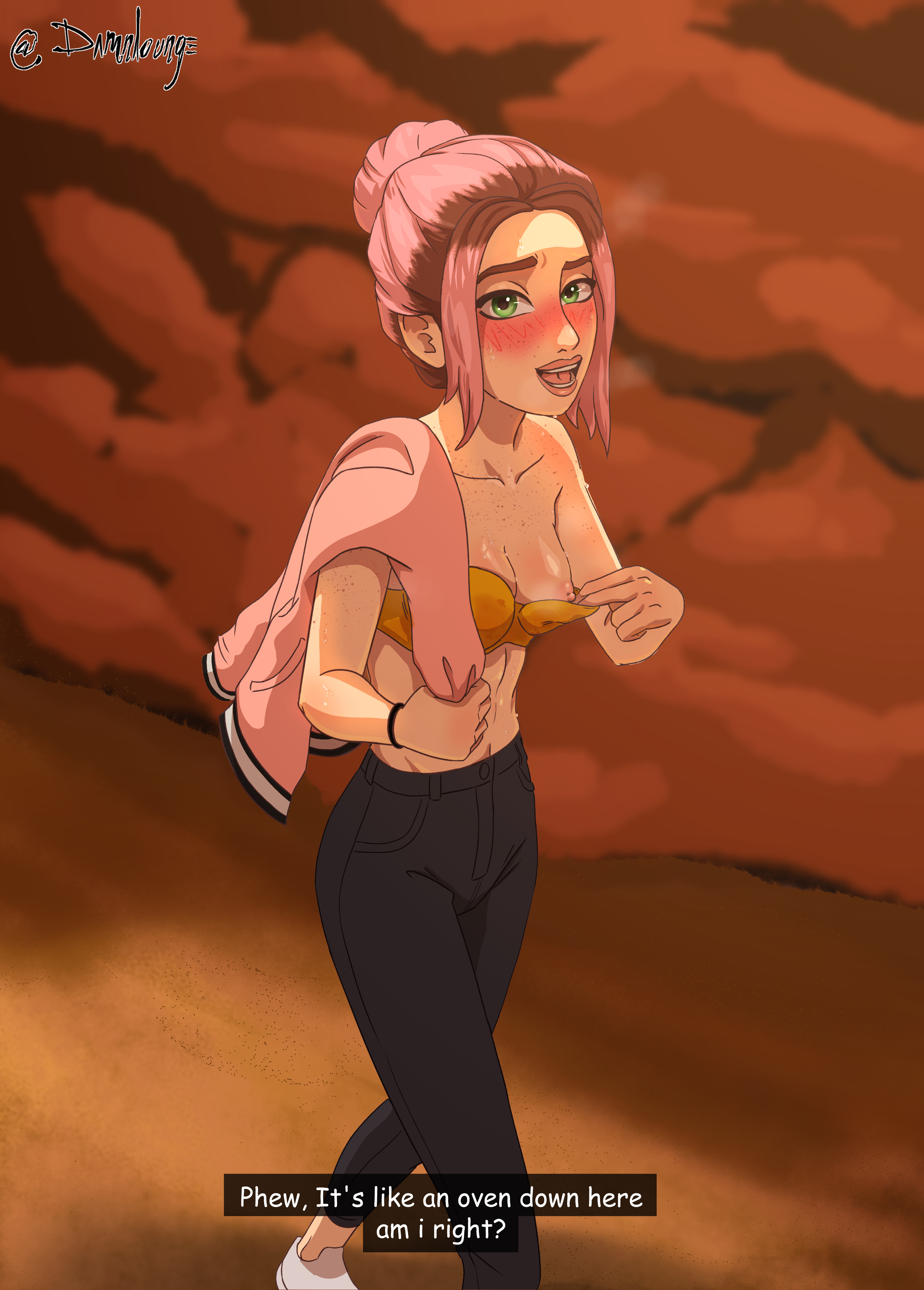 1girls, 2d, armband, blush, bra, breasts, brooklynn (jurassic world), brown hair, clothed, crown braid, damnlounge, dialogue, dyed hair, english text, female, female only, flashing, flashing breasts, freckles, green eyes, human, human female, human only, jurassic park (franchise), jurassic world, jurassic world camp cretaceous, looking at viewer, nipples, open mouth, pink hair, pink highlights, pov, showing breasts, small breasts, solo, solo female, strapless, sweat, text, walking, yellow bra