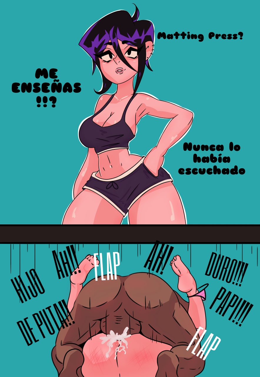 1boy 1girls backsack black_hair comic_page español female goth_girl large_breasts mating_press original_character partial_male pink_panties spanish_text text valbun valbun_(oc)