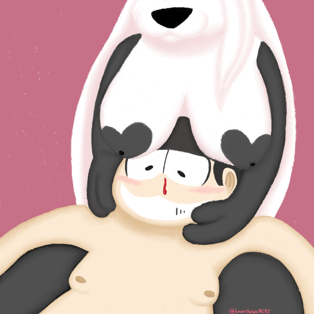 anthro bear black_body black_fur black_nipples black_nose blood blush bodily_fluids boob_hat breasts duo female fur fur_markings giant_panda hair human lunarpanda8686 male male/female mammal markings matsuno_osomatsu mika_(lunarpanda8686) nipples nosebleed osomatsu-san simple_background slightly_chubby smile white_body white_fur white_hair