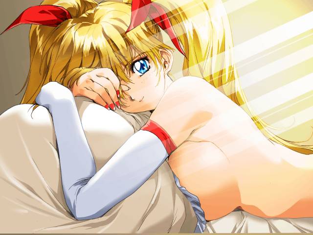 1girls arm_sleeves armsleeves asgaldh asgaldh_the_distortion_testament blonde_hair blue_eyes f-force female_focus female_only game_cg in_bed light-skinned_female naked naked_female nude nude_female on_bed pov red_ribbon red_ribbons smile smiling_at_viewer twintails utatane_hiroyuki