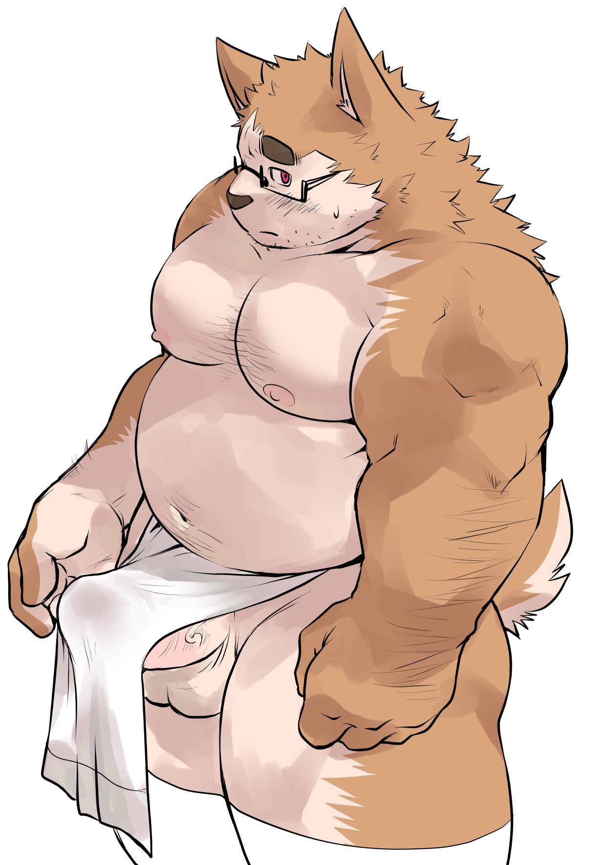 2020s 2023 anthro asian_clothing balls belly canid canine canis clothing domestic_dog east_asian_clothing ellie_saionji erection eyewear fundoshi genitals glasses hi_res humanoid_hands japanese_clothing kemono male male_only mammal moobs nipples overweight overweight_male penis solo underwear white_clothing white_fundoshi white_underwear