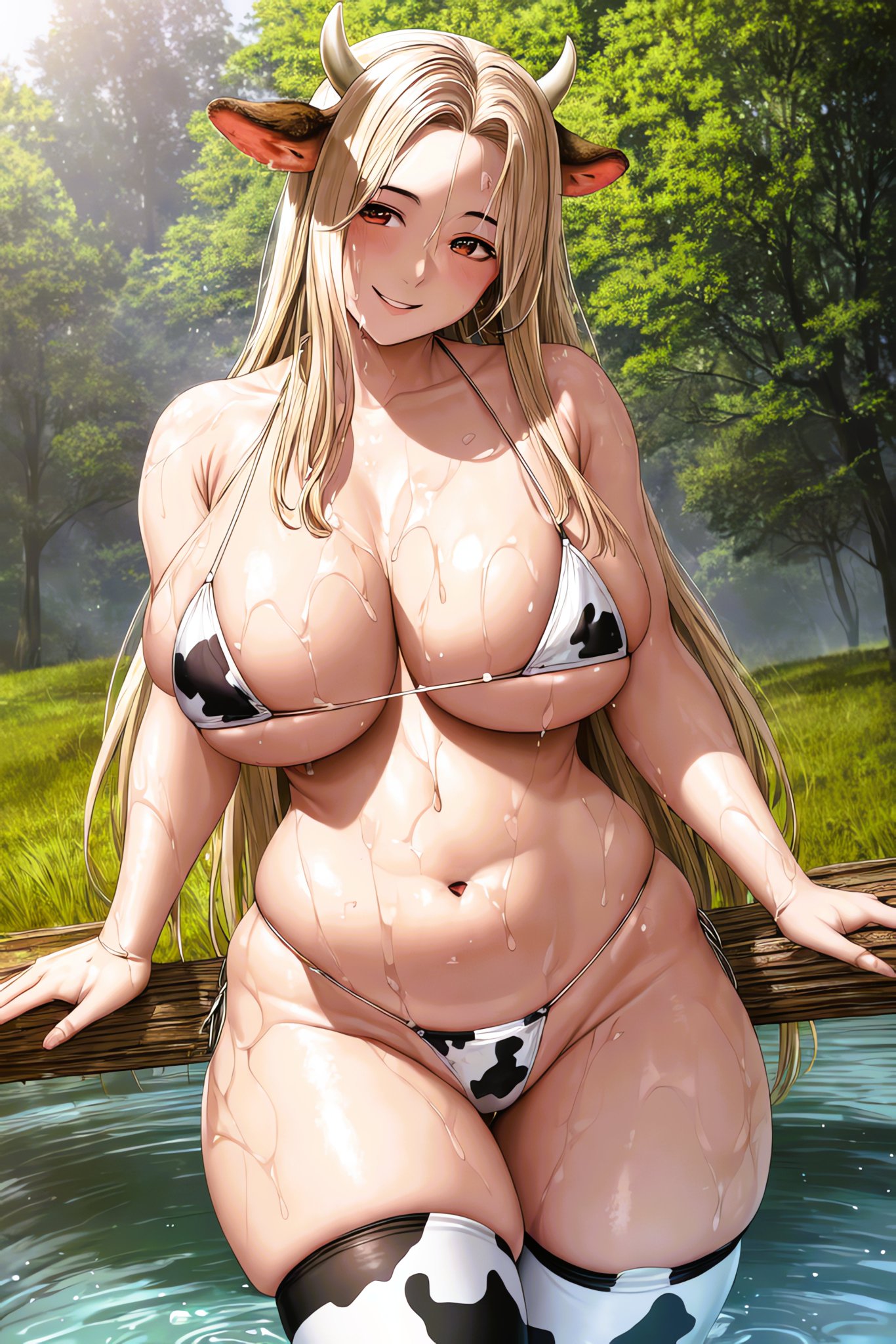 ai generated, ai love higokko, blonde hair, chubby female, cow bikini, cow print, cow print bikini, female, female focus, female only, holaraai, long hair, stable diffusion, voluptuous female