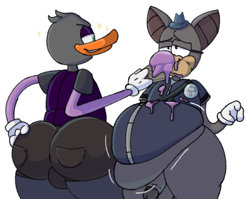 anatid anseriform anthro ass avian bat big_butt bird clothing duck duo feeding food fur genitals grey_body grey_fur hat headgear headwear male male/male mammal overweight penis purple_body purple_fur swankybones toontown_bat toontown_corporate_clash toontown_duck toontown_online toony