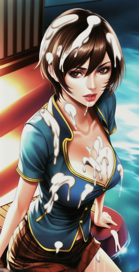 ai_generated brown_eyes brown_hair cleavage cum cum_on_breasts cum_on_hair cum_on_shoulder female fully_clothed large_breasts meiko meiko_(vocaloid) poolside short_hair solo stable_diffusion thick_cum vocaloid water_pool