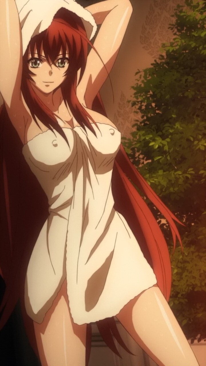 breasts, demon, demon girl, female, female only, high school dxd, large breasts, red hair, rias gremory, screencap, screenshot, stitched, tnk (company), towel