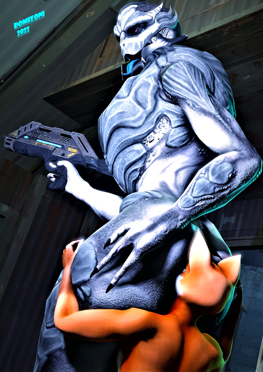 2022 3d_(artwork) alien anthro ass big_butt canid canine digital_media_(artwork) domizoni duo facesitting female fox fox_(mrwarfaremachine) gun hand_on_butt hi_res holding_gun holding_object holding_weapon humanoid male male/female mammal mass_effect open_mouth ranged_weapon rifle source_filmmaker thick_thighs tongue tongue_out turian weapon