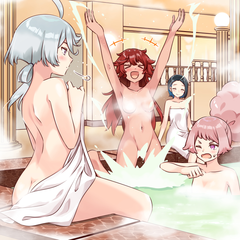 >_< 2020s 2022 4girls :d afro_puffs ahoge arms_up ass bangs bath blue_hair blush breasts chuatury_panlunch closed_eyes completely_nude completely_nude_female convenient_censoring female grey_eyes grey_hair gundam gundam_suisei_no_majo hair_between_eyes indoors long_hair medium_breasts miorine_rembran multiple_girls navel nika_nanaura nude nude_female one_eye_closed open_mouth parted_bangs partially_submerged pink_eyes pink_hair ponytail red_hair sanada_ikki short_hair sitting smile splashing steam steam_censor suletta_mercury sweatdrop thick_eyebrows towel xd