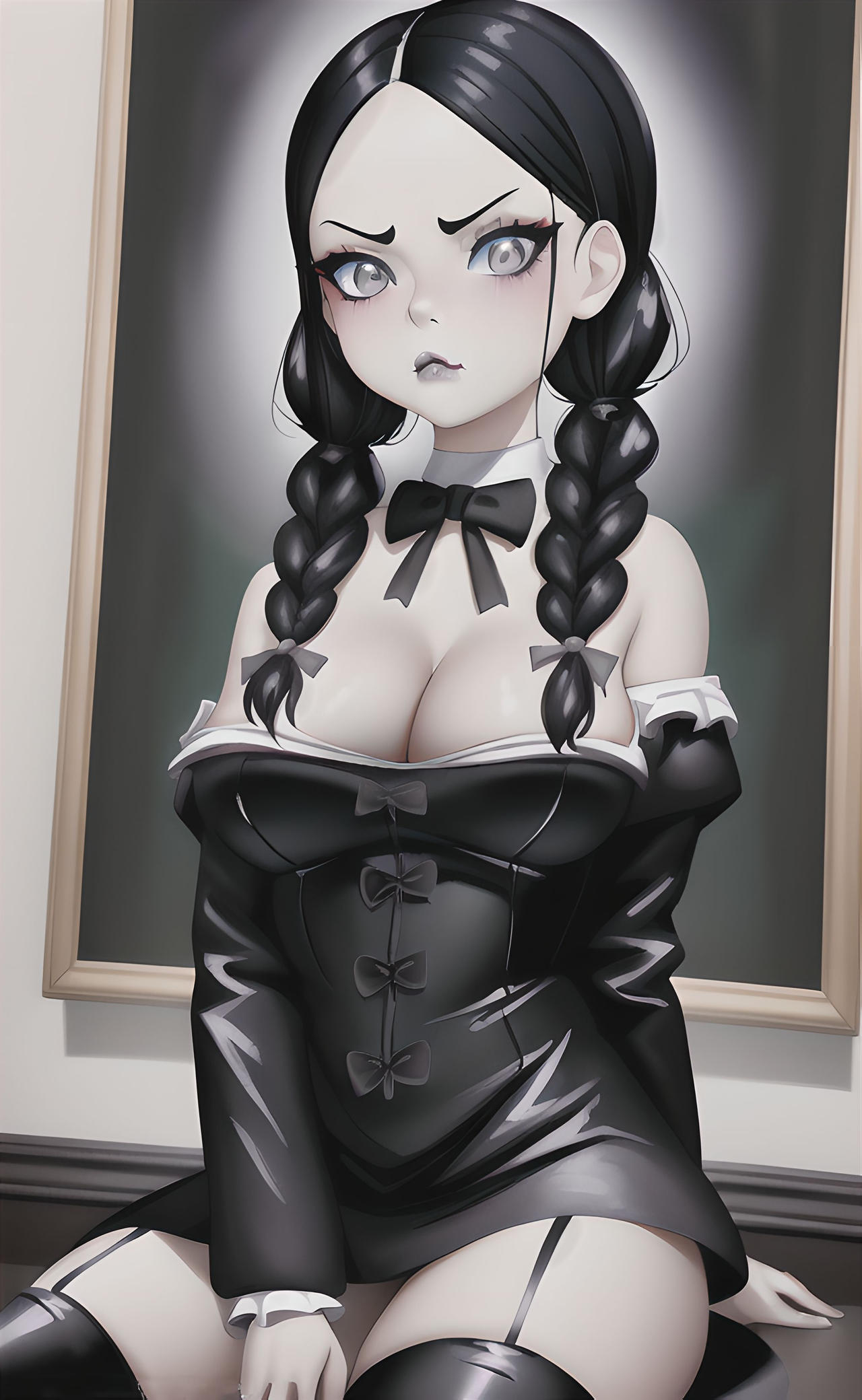 ai generated, artist request, bare shoulders, black hair, cleavage, dress, female, female focus, female only, goth, goth girl, sitting, tagme, the addams family, wednesday addams