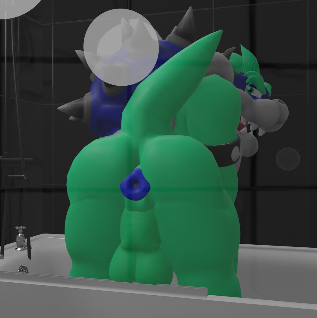 2022 3d_(artwork) against_surface anthro anthro_only anus ass ass_on_glass balls bathroom bathtub blender_(software) bowser digital_media_(artwork) fan_character genitals glass goeybowser gowser_(goeybowser) koopa looking_at_viewer male male_only mario_(series) nintendo nude on_glass scalie shower smile solo spikes