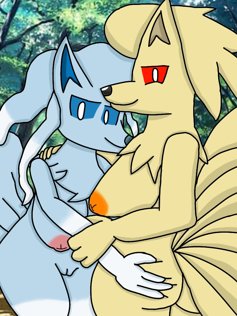 alolan_ninetales blue_eyes cyan_fur female/female female_only fox furry generation_1_pokemon generation_7_pokemon looking_at_viewer multiple_tails ninetales nintendo pokémon_(species) pokemon pokemon_(species) red_eyes regional_form_(pokémon) thewholof554 yellow_body