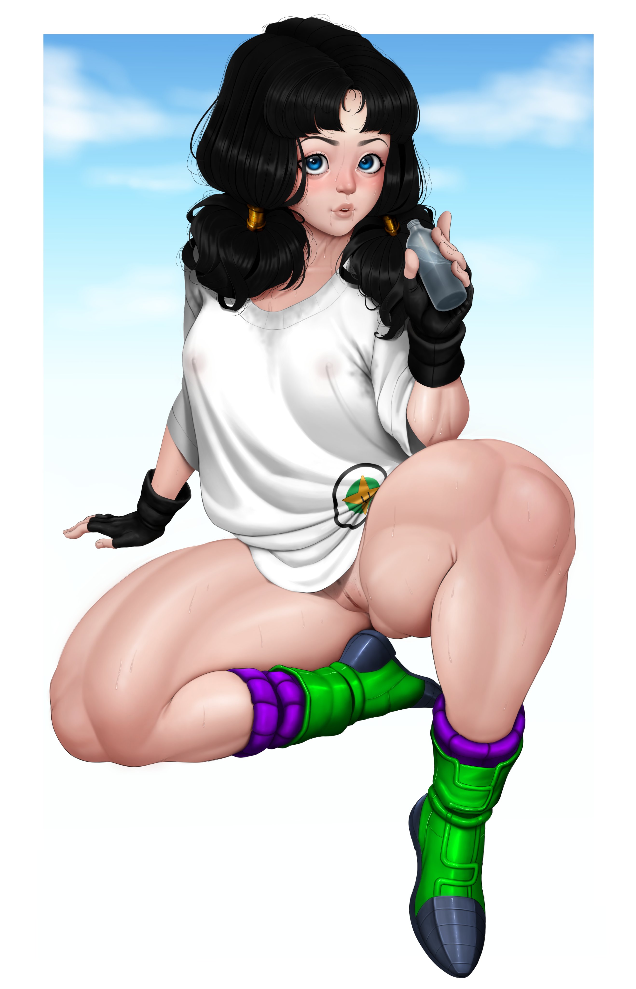 1girls, alternate version available, black hair, blue eyes, breasts, dragon ball, dragon ball super, dragon ball z, exposed pussy, female, female focus, female only, fingerless gloves, footwear, gloves, light skin, light-skinned female, looking at viewer, luenartt, medium breasts, no panties, pussy, shounen jump, videl