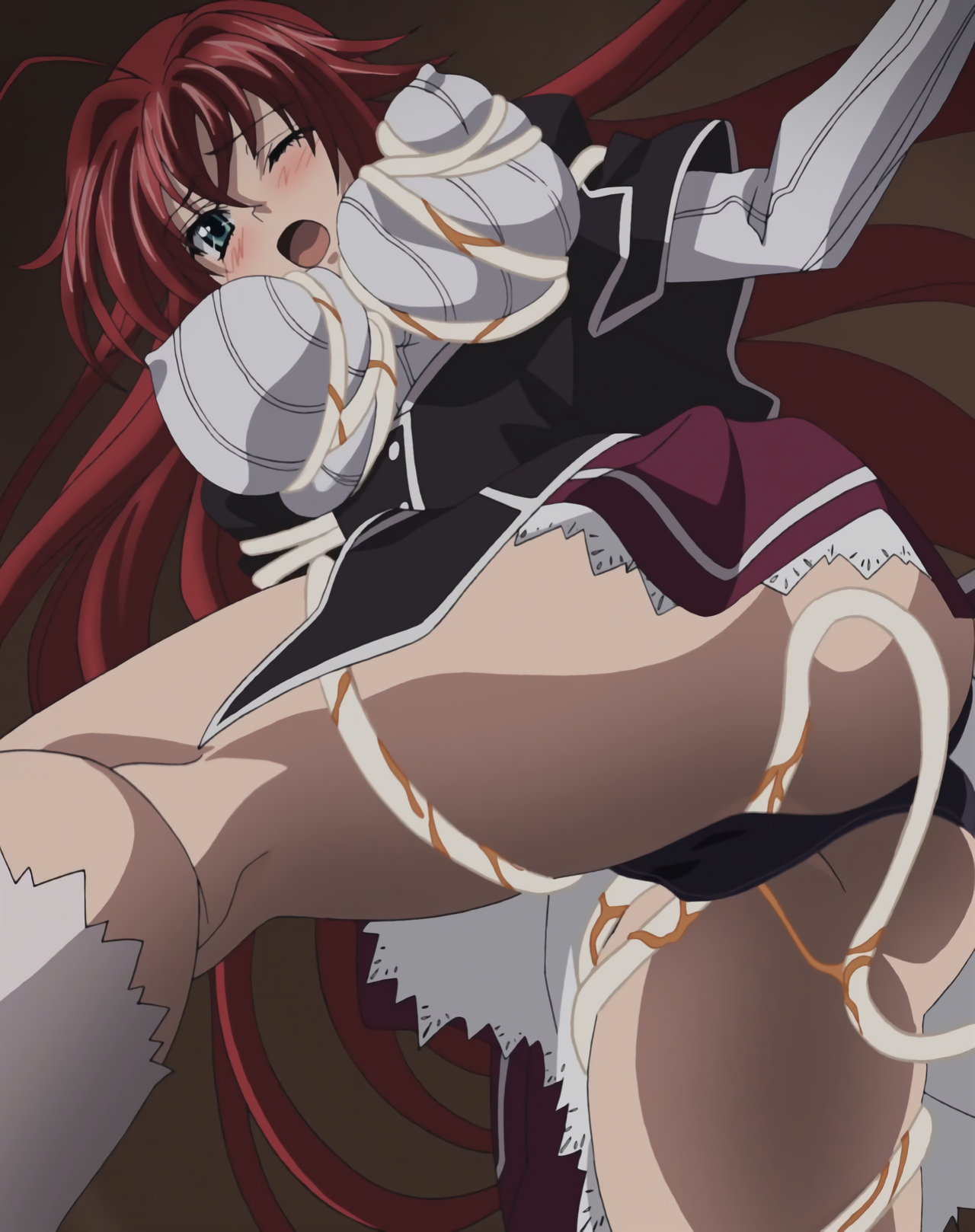 ass, bondage, breasts, demon, demon girl, female, female only, high school dxd, large breasts, red hair, rias gremory, screenshot, stitched, tentacle, tentacle on female