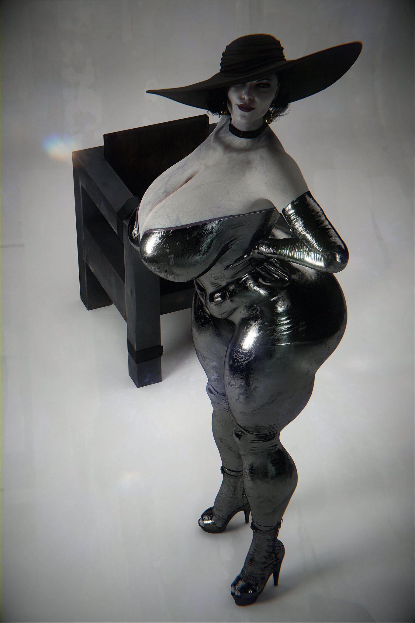 1girls, 3d, alcina dimitrescu, ass, big ass, big breasts, bottom heavy, breasts, busty, capcom, curvaceous, curvy, curvy figure, dark hair, doublejeckylll, eyeshadow, female, female only, giantess, gigantic breasts, gloves, goth, hat, hourglass figure, huge breasts, jeckylll, large ass, large breasts, latex, light skin, light-skinned female, lips, mature, mature female, milf, mutant, no bra, nude, nude female, pale skin, pale-skinned female, resident evil, resident evil 8: village, sun hat, tall female, thick, thick legs, thick thighs, thighs, top heavy, upper body, vampire, villainess, voluptuous, white body, white skin, wide hips