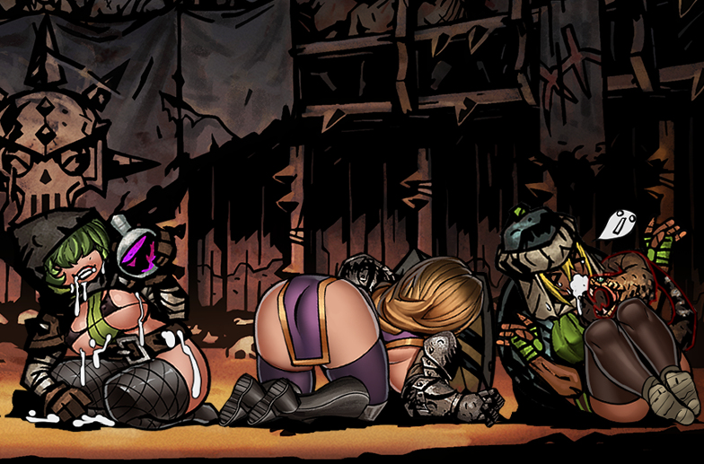 3girls big_breasts blonde_hair cum dark-skinned_female darkest_dungeon green_hair light-skinned_female man_at_arms_(darkest_dungeon) niur plague_doctor_(darkest_dungeon) potion shieldbreaker_(darkest_dungeon)