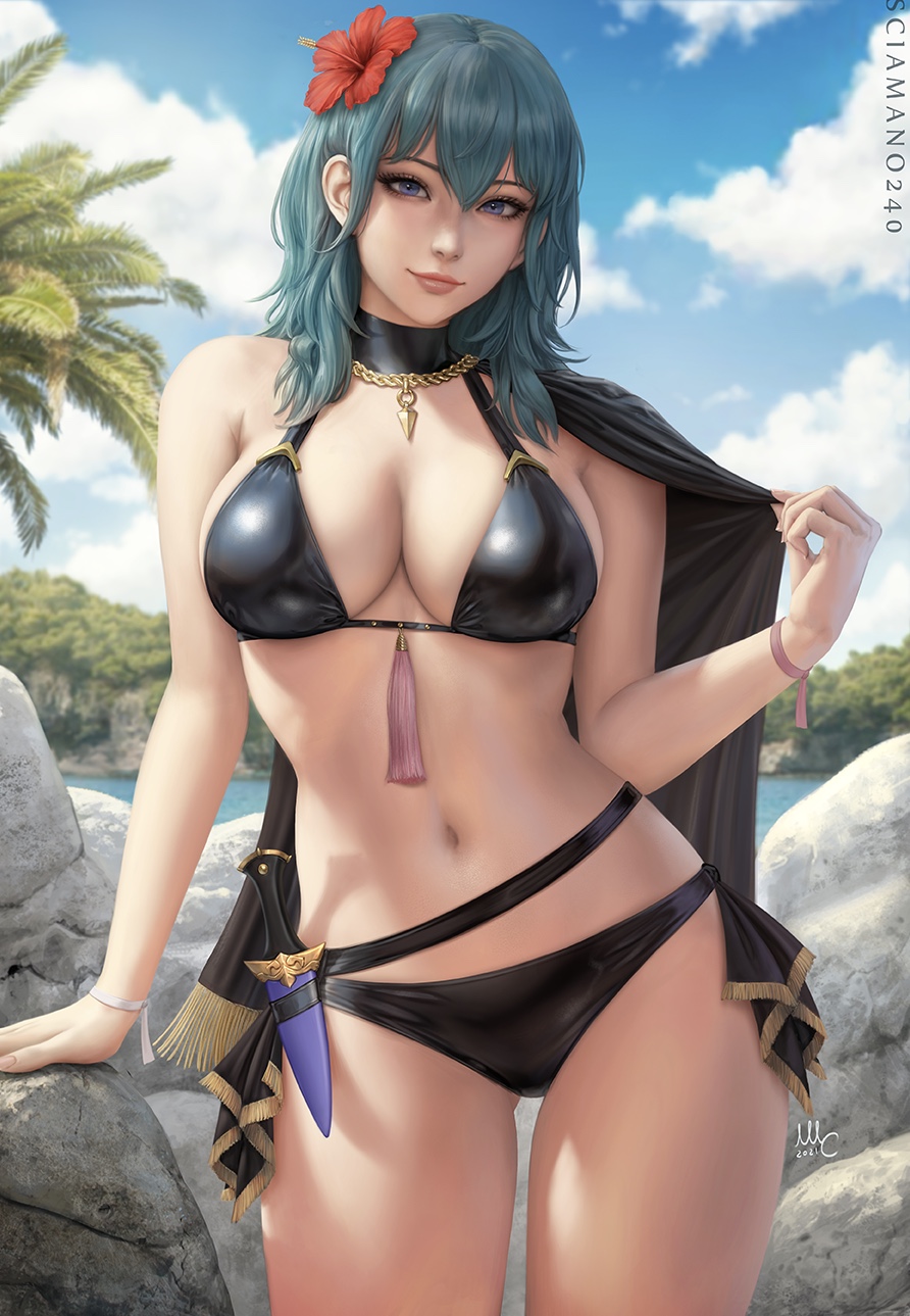 1girls 2020s 2021 alternate_costume artist_name artist_signature ass_visible_through_thighs bangs_between_eyes big_breasts bikini black_bikini black_cape black_choker black_clothing black_swimsuit blue_eyes blue_sky breasts byleth_(fire_emblem) byleth_(fire_emblem)_(female) byleth_(summer)_(fire_emblem)_(female) cape chain chain_necklace choker closed_mouth commentary dagger day english_commentary female female_only fire_emblem fire_emblem:_three_houses fire_emblem_heroes flower hair hair_between_eyes hair_flower hair_ornament hi_res high_resolution highres hourglass_figure knife lake large_breasts leaning_on_object leaning_on_rock lips looking_at_viewer medium_hair navel nintendo official_alternate_costume outdoors palm_tree pinup ribbon rock sciamano240 sky smile solo source_larger stomach summer swimsuit thigh_gap thighs tree water weapon white_skin white_skinned_female wide_hips wrist_ribbon