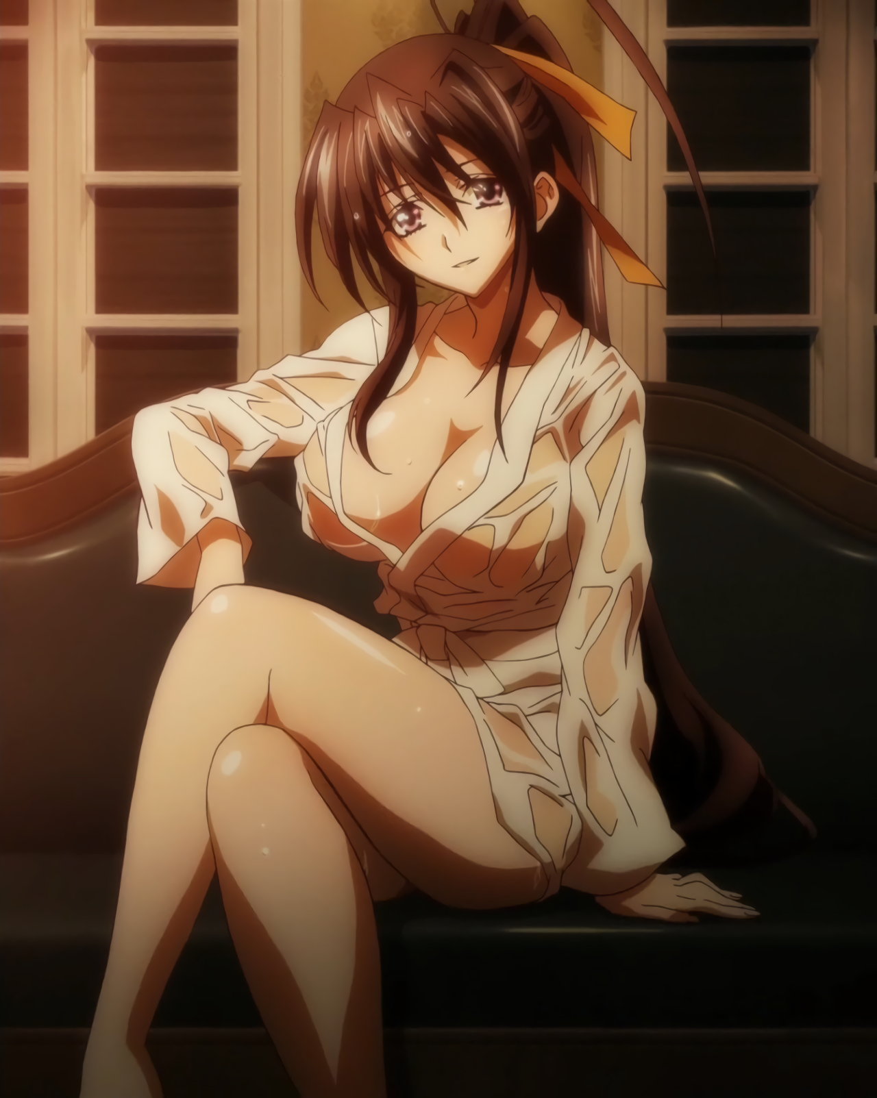 1girls, akeno himejima, breasts, brown eyes, brown hair, chair, demon, demon girl, female, hair ribbon, high school dxd, large breasts, looking at viewer, screencap, screenshot, sitting, stitched, tnk (company), wet clothing, white shirt, window