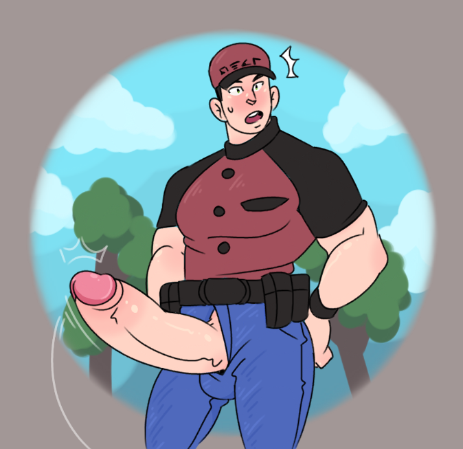 alert big_cock big_penis boner clothed_male courier_(pokemon) embarrassed erect_penis erection gigantic_penis hard_on huge_cock hyper_genitalia male male_only muscles muscular muscular_male outdoors outside penis_out pokemon pokemon_sv shocked tpornomancer uncut