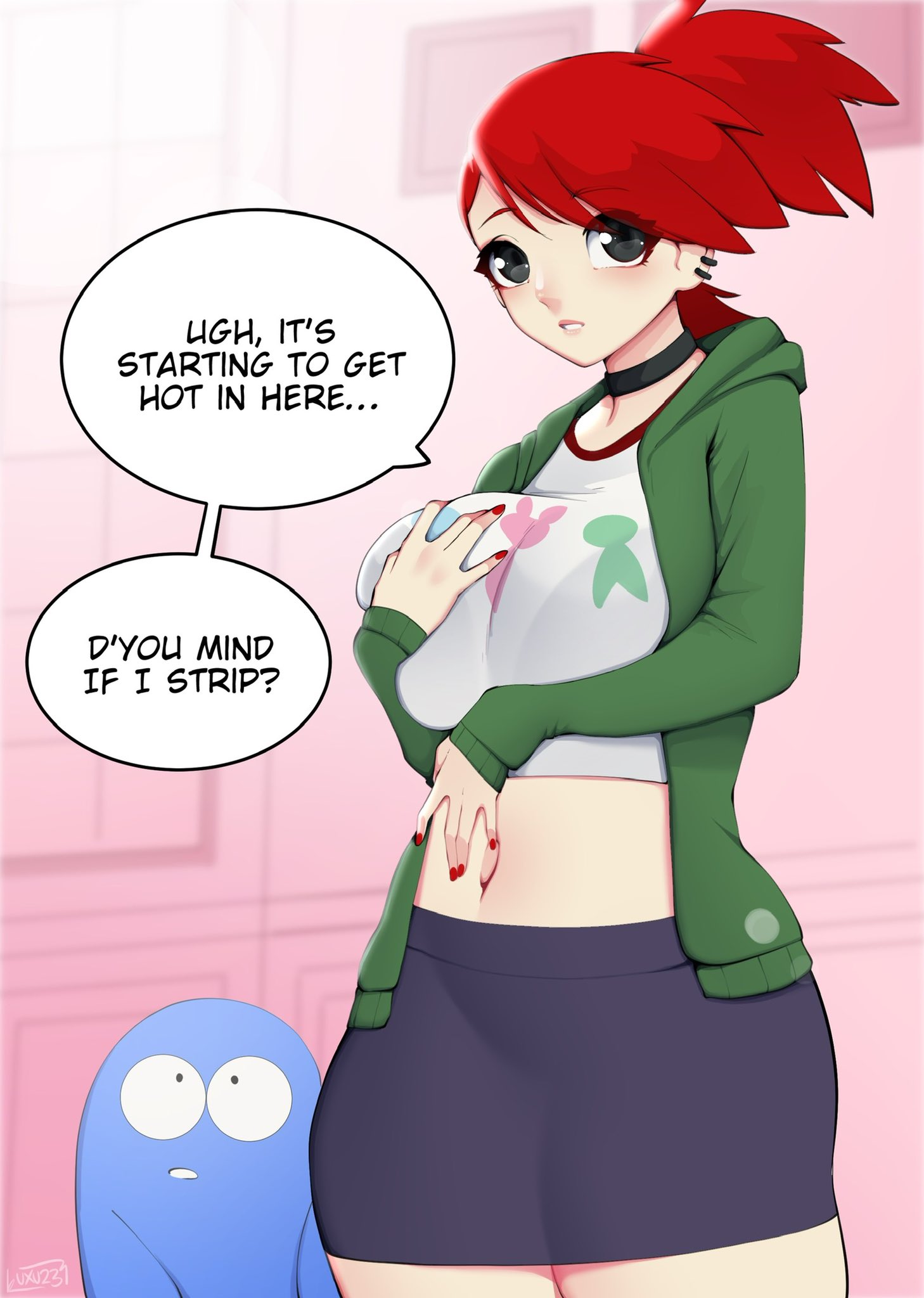 1girls, black eyes, bloo, breast grab, breasts, cartoon network, choker, dialogue, english text, female, foster's home for imaginary friends, frankie foster, grabbing own breast, hi res, looking at viewer, luxurias, red hair, speech bubble, talking to viewer