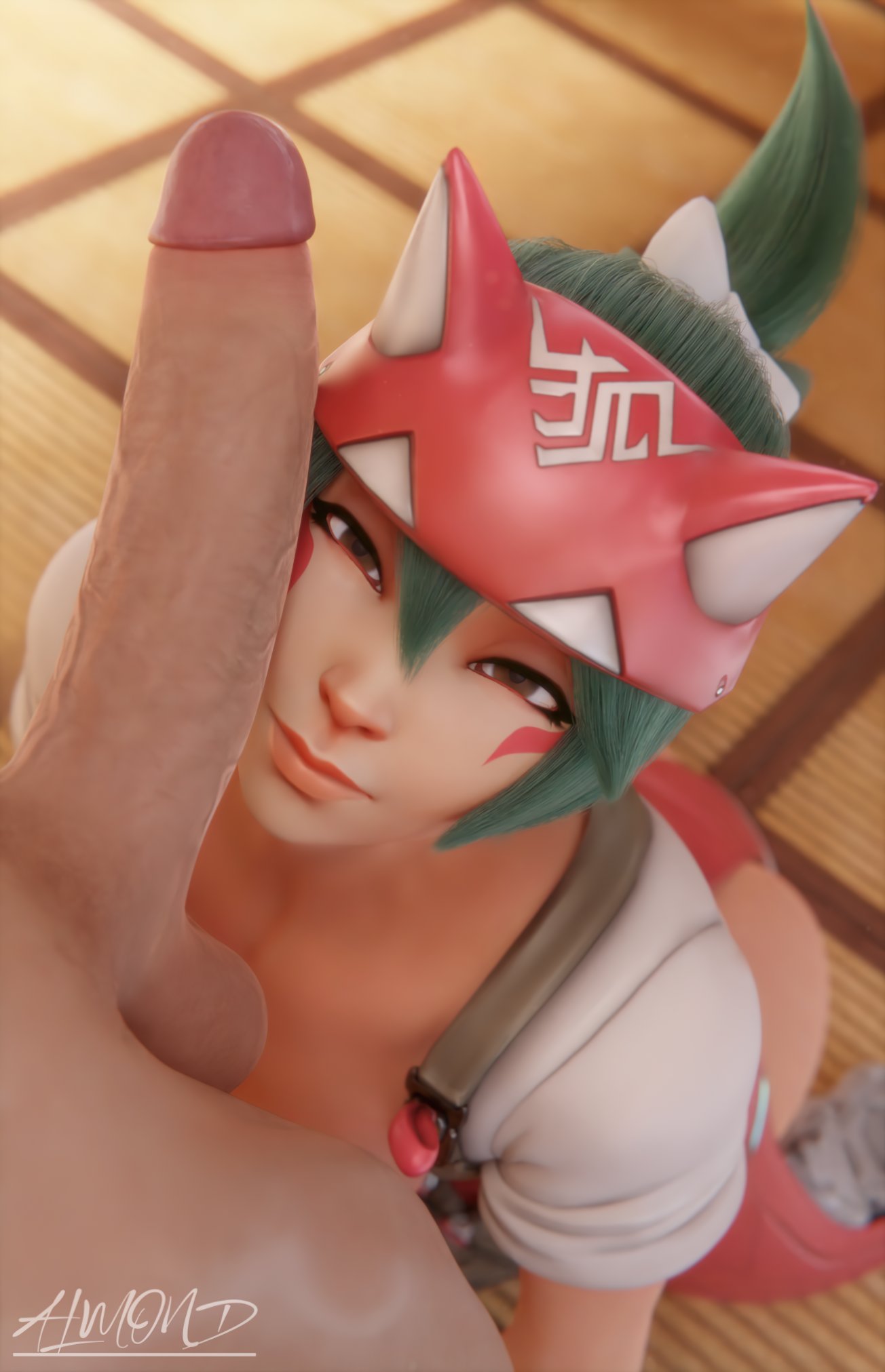 1boy, 1girls, 3d, almondsfm, asian, asian female, balls, brown eyes, dick, female, female focus, green hair, headgear, japanese, kiriko (overwatch), large penis, light skin, light-skinned male, looking at viewer, male, overwatch, overwatch 2, penis, penis on face, pov, short hair, testicles