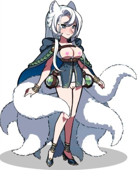 afk_arena animal_humanoid anklet areola asian_mythology blue_eyes bracelet braided_hair breasts canid canid_humanoid canine canine_humanoid cloak clothing east_asian_mythology edit exposed_breasts female fluffy fluffy_tail footwear fox_ears fox_humanoid fox_spirit fox_tail genitals gubaah hair high_heels humanoid japanese_mythology jewelry kitsune kyuubi light_body light_skin looking_ahead mammal mammal_humanoid multi_tail mythology nipples potion potion_bottle pussy shadow simple_background smile solise solo solo_focus sprite tail white_background white_hair youkai