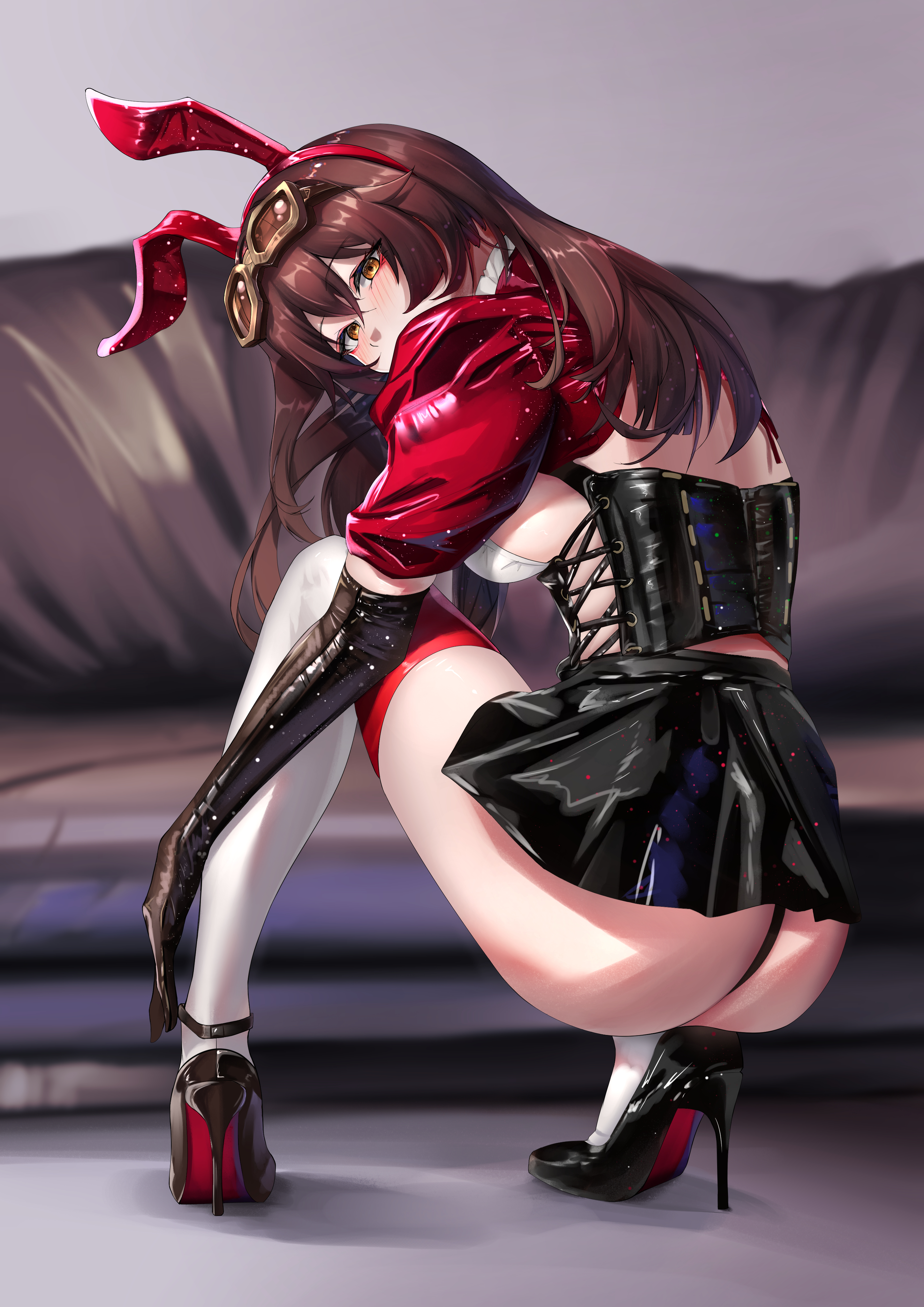 1girls, amber (genshin impact), black footwear, black gloves, blush, bunny ears, corset, dynamotor, female, from behind, full body, genshin impact, hairband, high heels, rabbit ears, stockings, thigh highs, thighs