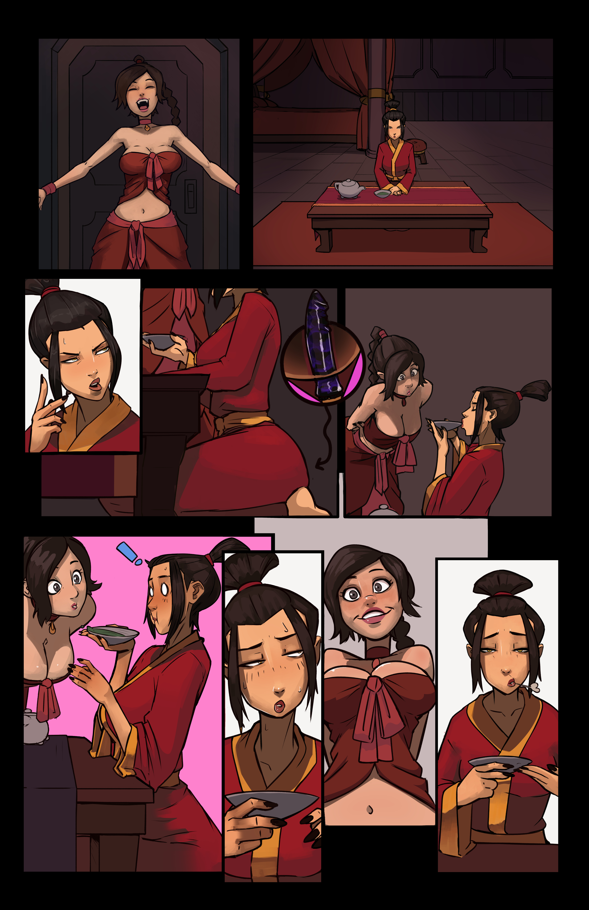 2girls, anal, anal masturbation, anal sex, avatar the last airbender, azula, breasts, clothed masturbation, clothing, comic, dildo, dildo sitting, female, female only, hair ornament, heart, human, large breasts, masturbation, multiple females, multiple girls, princess, robe, sex toy, shadowmist, tied hair, ty lee