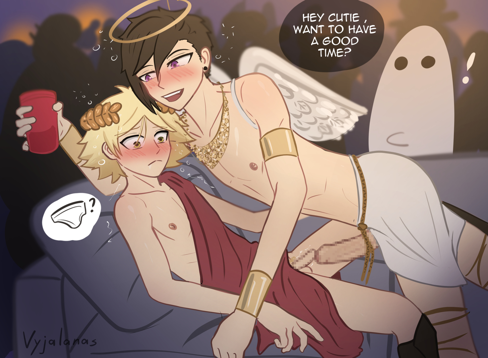 2boys, blush, censored, costume, drunk, embarrassed, erection, femboy, frottage, gay, halloween, large penis, male, male focus, male only, oc, partially clothed, penis, penis size difference, public, small penis, tagme, vyjalanas, yaoi