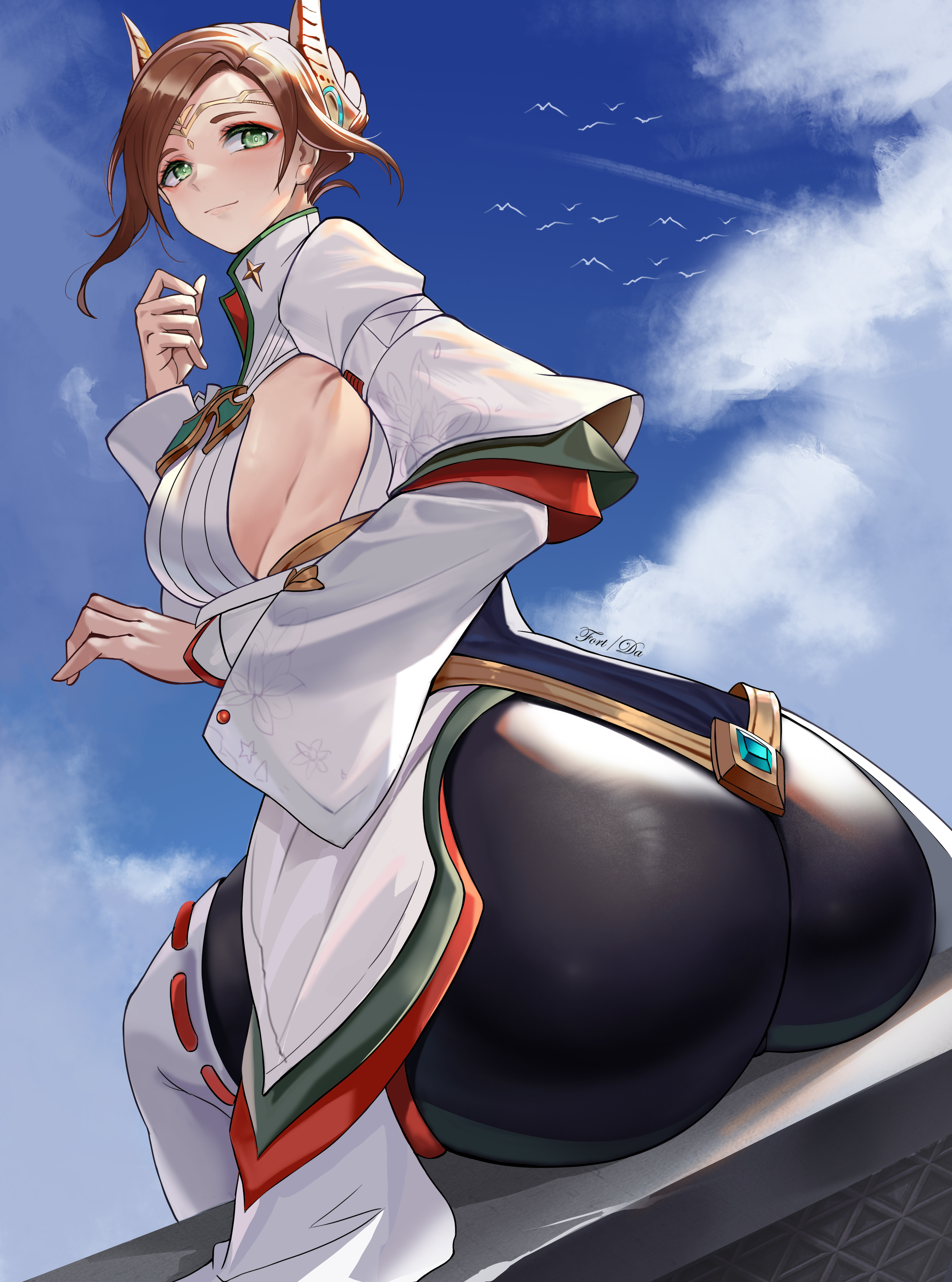 1girls, absurd res, alexandria (xenoblade), ass, ass focus, asymmetrical bangs, bangs, big ass, big butt, black legwear, blush, boots, braid, breasts, brown hair, bubble ass, bubble butt, cleavage, eyeliner, female, female only, french braid, green eyes, hair bun, heroes (xenoblade 3), highres, kimono, large ass, large breasts, legwear, long hair, long sleeves, looking at viewer, looking back, moonface, niina (xenoblade), nintendo, red eyeliner, sideboob, sitting, smile, smiling, thick ass, thick thighs, thigh boots, thighhighs, thighs, tights, voluptuous, white boots, white kimono, white thighhighs, white topwear, xenoblade (series), xenoblade chronicles 3