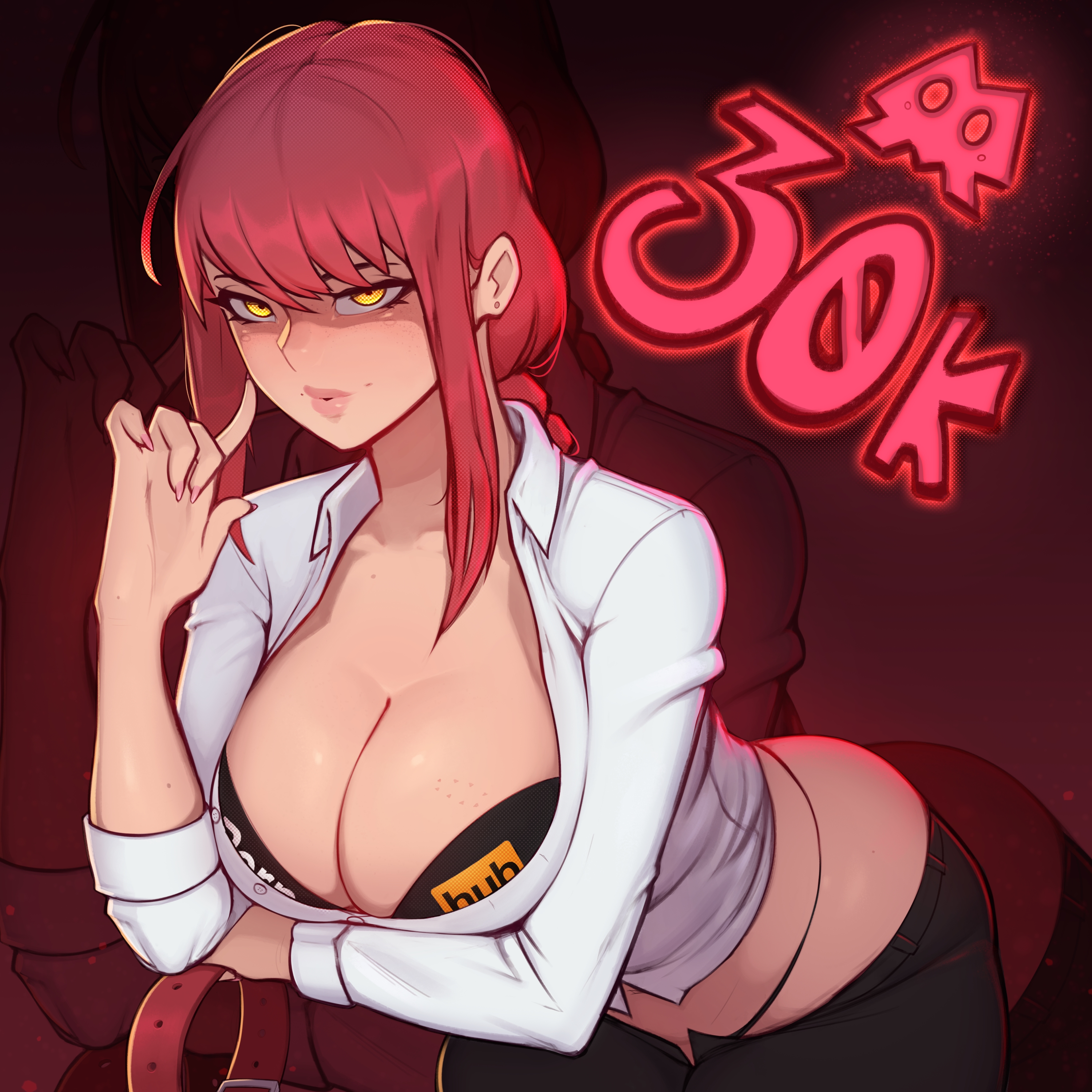 1girls, 2d, big breasts, braided hair, breasts, chainsaw man, eye contact, female, female only, long hair, looking at viewer, makima (chainsaw man), mixplin, office lady, pornhub, pornhub bra, red hair, solo, thong, yellow eyes