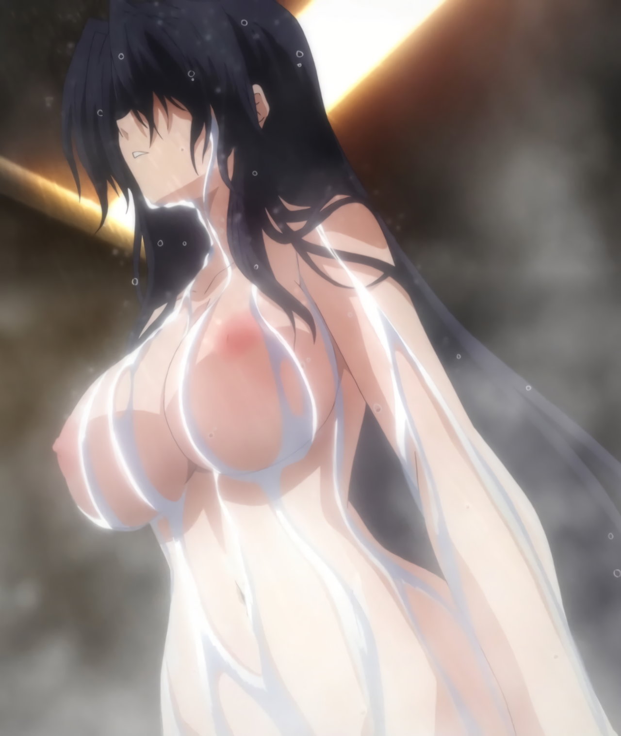 akeno himejima, breasts, demon, demon girl, female, high school dxd, large breasts, naked, screencap, screenshot, shower, showering, stitched, tnk (company), voluptuous