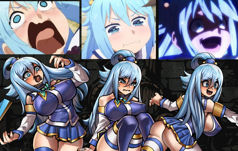 aqua_(konosuba) big_breasts blue_eyes blue_hair blush breasts comparison crying darkest_dungeon kono_subarashii_sekai_ni_shukufuku_wo! niur pouty_lips short_skirt tagme